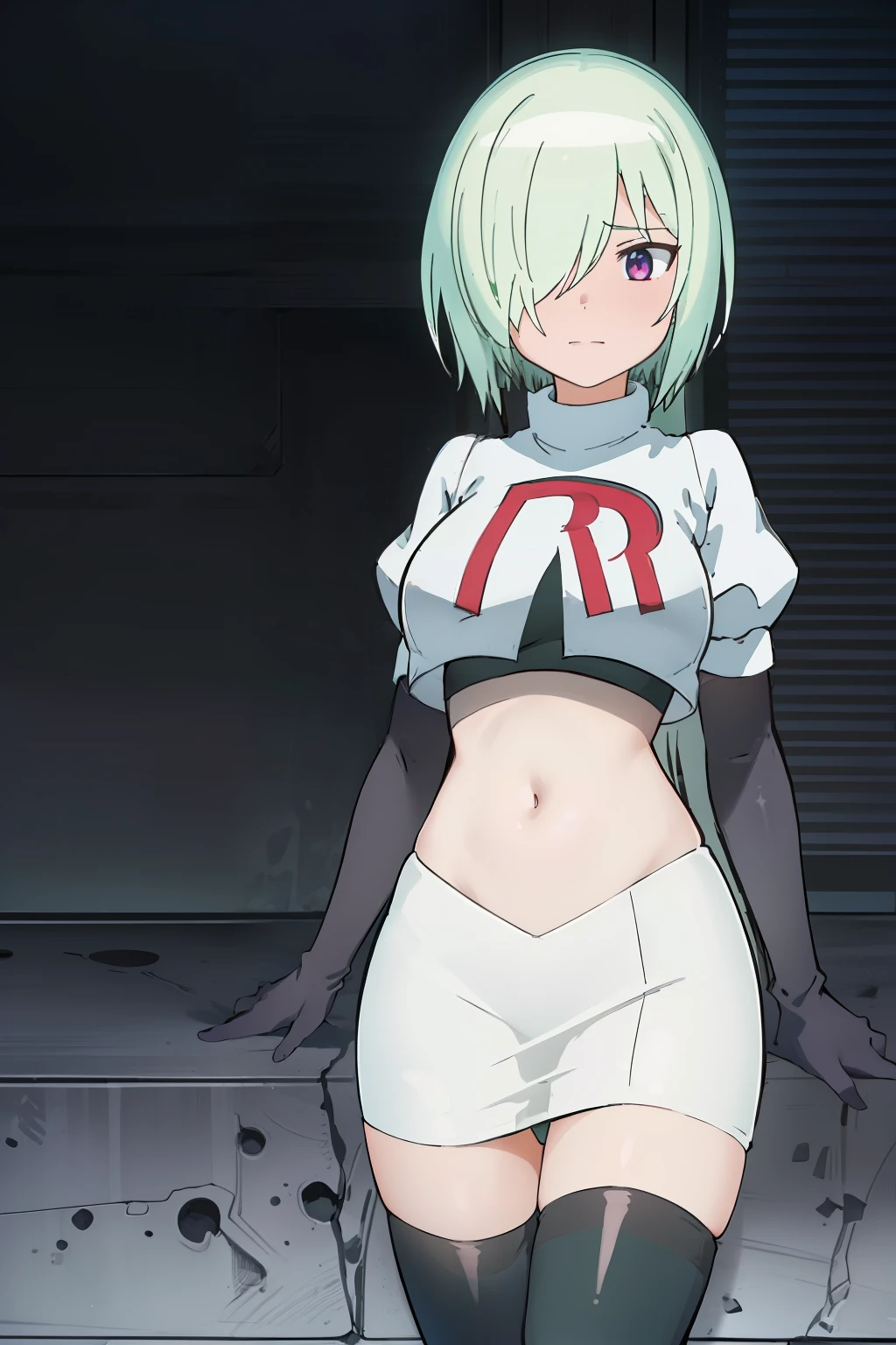 (extremely detailed CG unity 8k wallpaper), (masterpiece), (best quality), (ultra-detailed), (best illustration), (best shadow), (absurdres), druj, 1girl, green hair, hair over one eye, team rocket,team rocket uniform,white skirt,red letter R,crop top,black thigh-highs,black elbow gloves