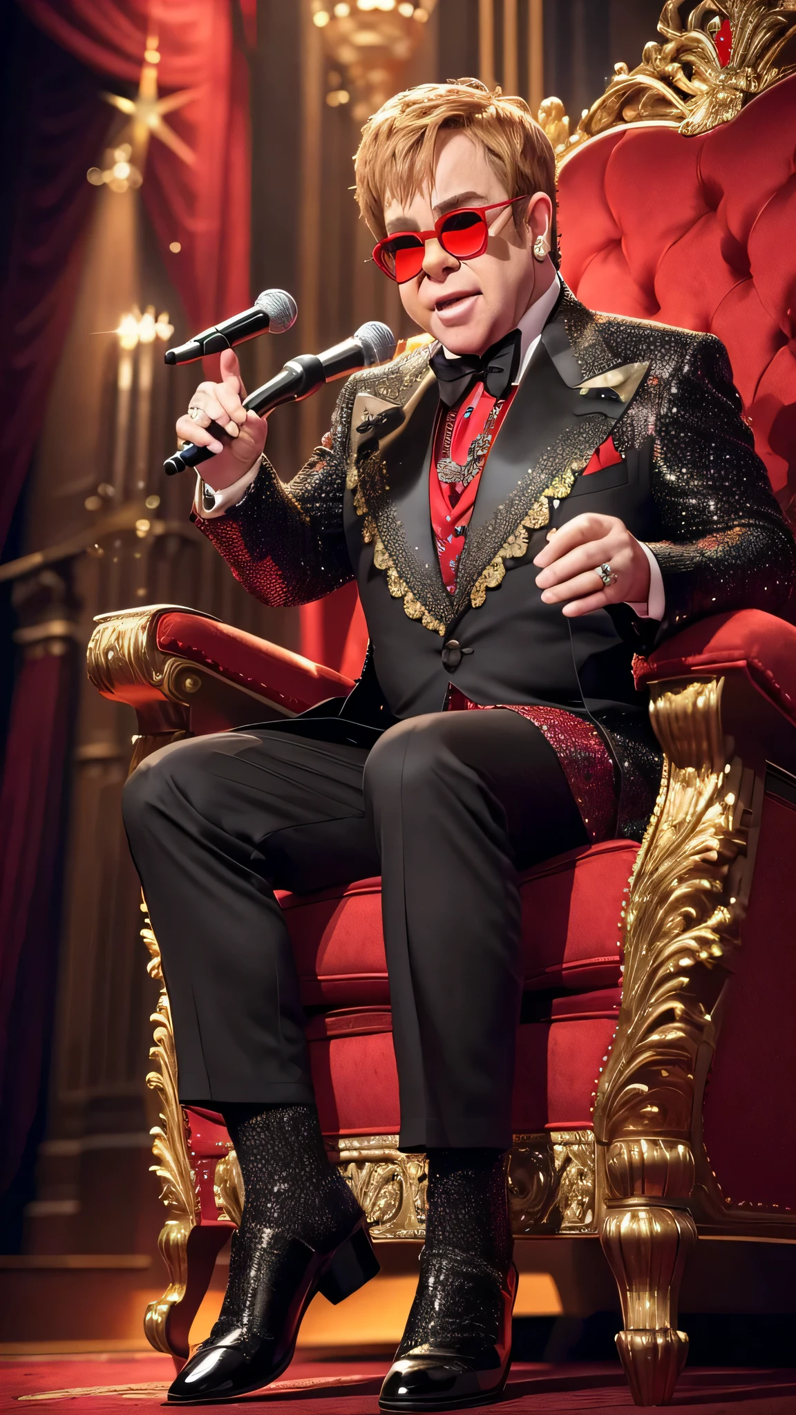 SIR Elton John, (photorealistic: 1.4) (ultra-detailed) (full body), crown, popstar, movie scene (black and red), sparkles, splendor, wealth, nobility, singing, melhorar a face