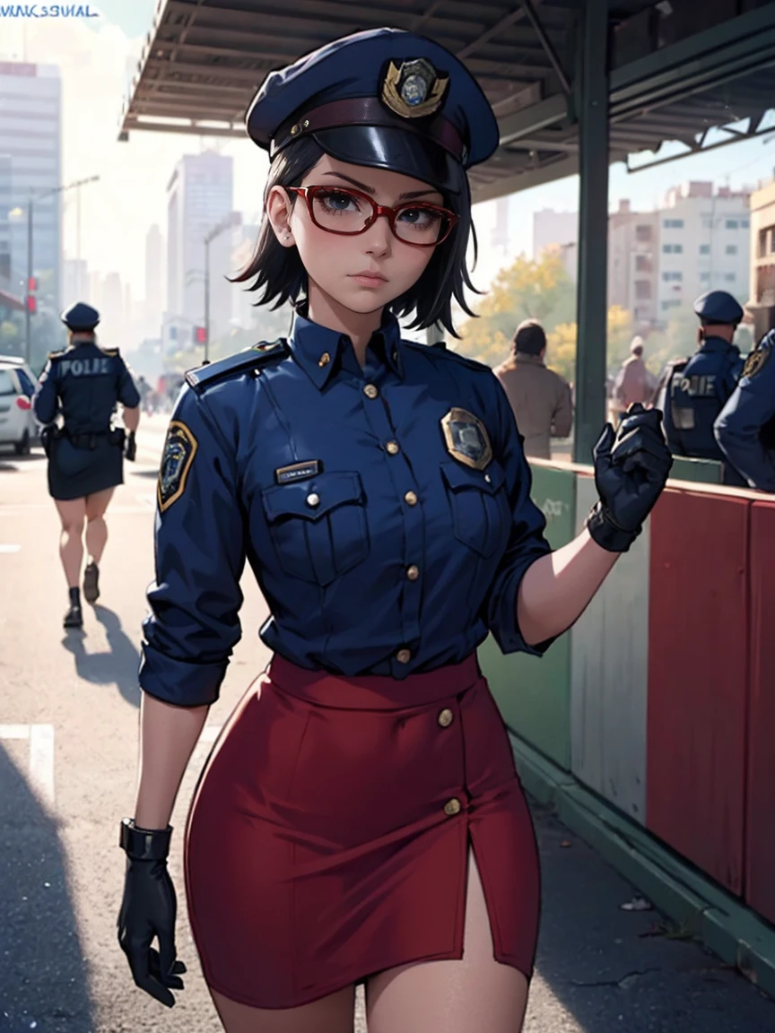 moltal kombat 11: aftermath. Illustration in the style of comic book artist Jim Lee. Sarada Uchiha with short hair, black eyes and glasses.((Small, She is wearing police clothes, a navy blue button-down shirt, a skirt and a cap)). She is standing at a busy intersection holding handcuffs and looking like an expression. Intricate details, rich colors and a sense of grandeur. Perspective. gloves