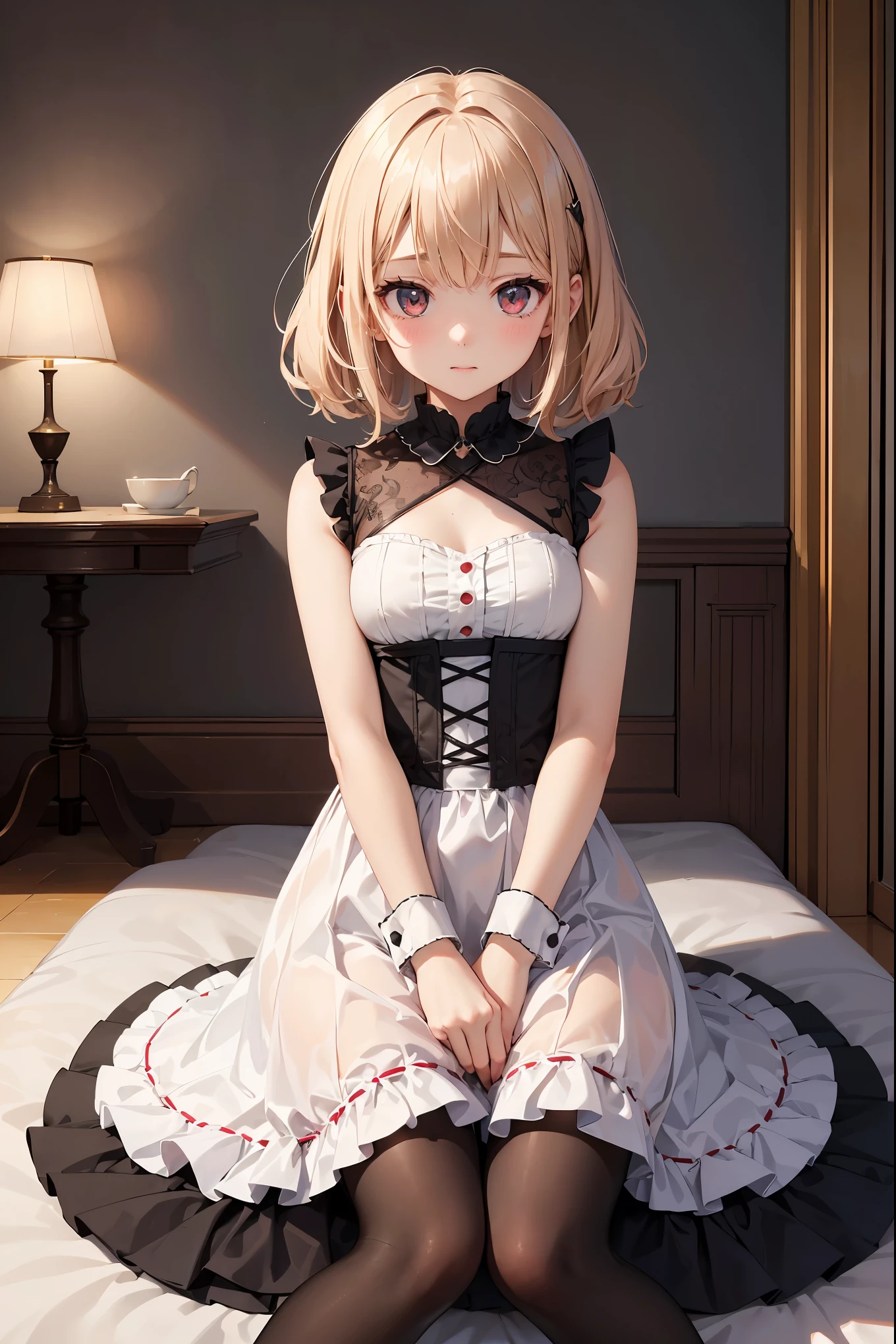 8K UHD, Digital SLR, Soft lighting, High quality, ((best quality)) ((best quality)), ((masterpiece)), (detailed), 4k image, anime style, full leggings under skirt, fair caramel brown skin, African looking facial features, sexy white halter neck crop shirt, long white frilly skirt, fair caramel brown skin, white-blonde hair, sharp facial features, small elegant nose, full thick lips, thin and slender body type, small narrow waist line, small curvy hips, long flowing pixie cut hair, European gothic style clothing, low-top boots, no skin showing