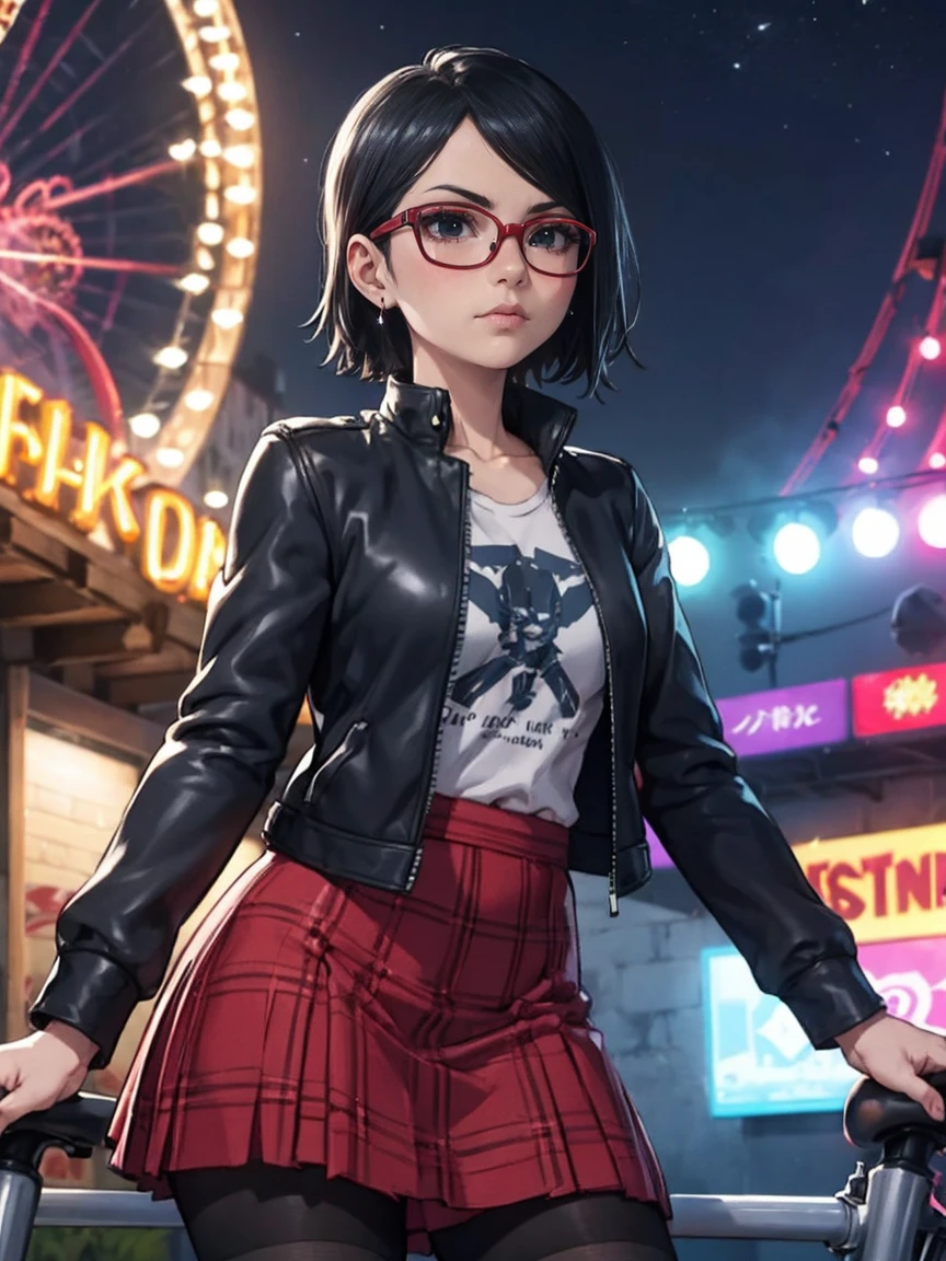Sarada Uchiha with short hair, black eyes, wearing red glasses, she is wearing earrings and strings. She is dressed like a punk rocker. ( She is wearing a white t-shirt with a rock band print, a plaid skirt and a leather jacket with tattoos, pantyhose ), ( and is riding in a brightly lit amusement park on a starry night ), ((( parading, standing )))