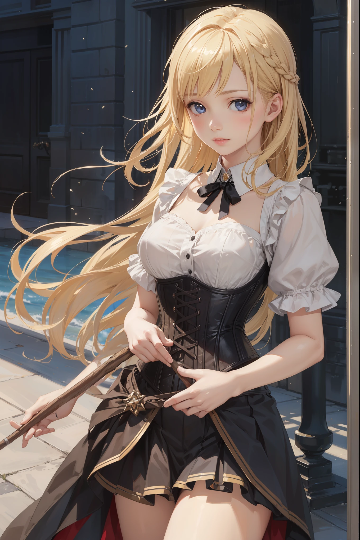 girl masterpiece、Super detailed, highest quality、photorealistic stick、 1 girl、female, corset top, micro skirt, long blonde hair,
