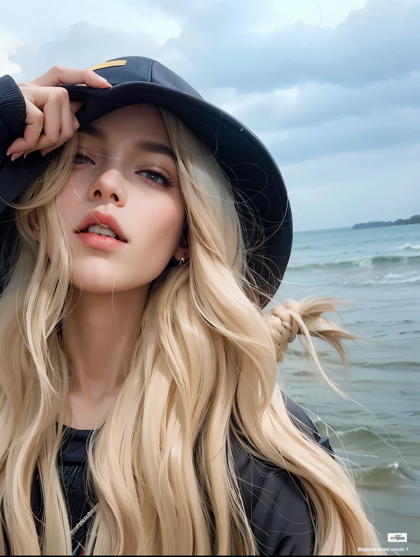 A woman with long blond hair wearing a hat and a black jacket, com longos cabelos brancos, com cabelos longos brancos, parque roseanne de blackpink, Ulzzang, perfect cabelos brancos girl,  com cabelo branco, Kim Doyoung, her hair is white, com longos cabelos loiros, Lalisa Manobal, cabelos brancos, taejune kim, Heonhwa Choe