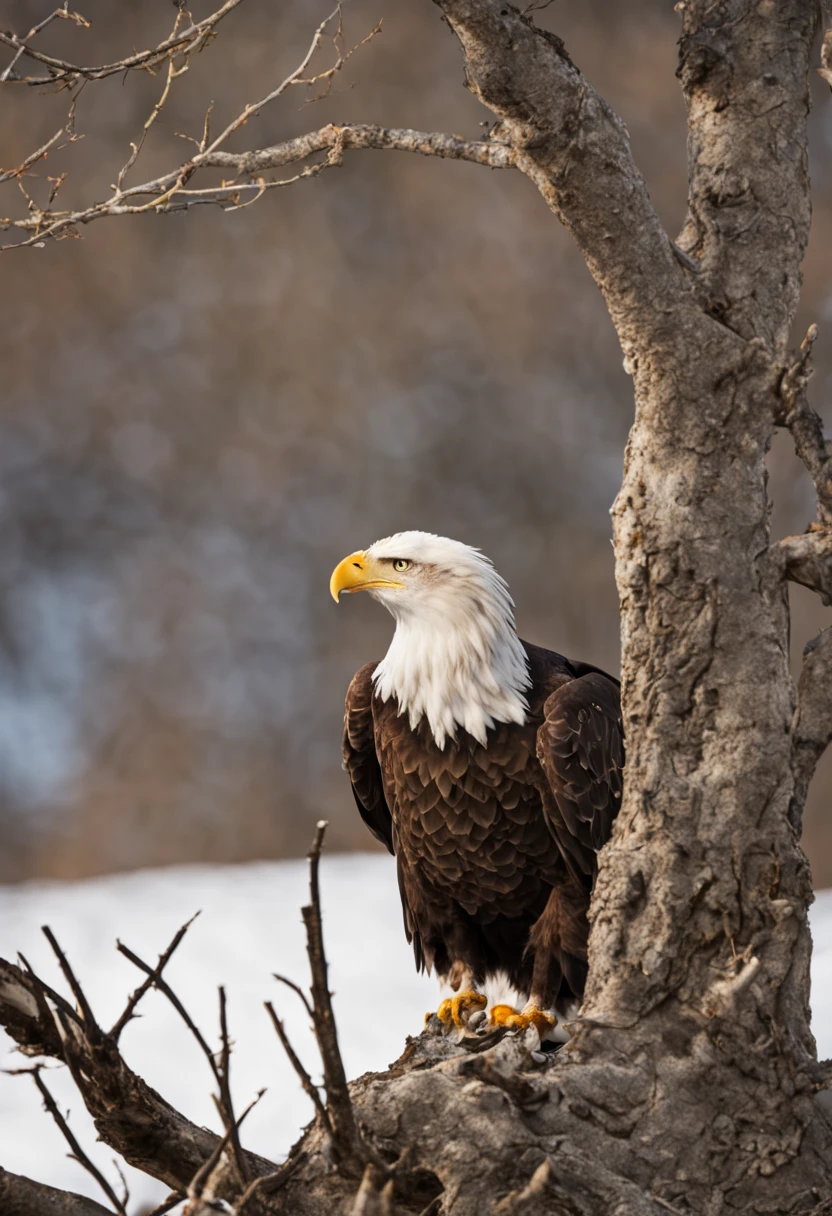 bald eagle, aiming at prey, tree branches, rocky ground, bright early spring sunlight.