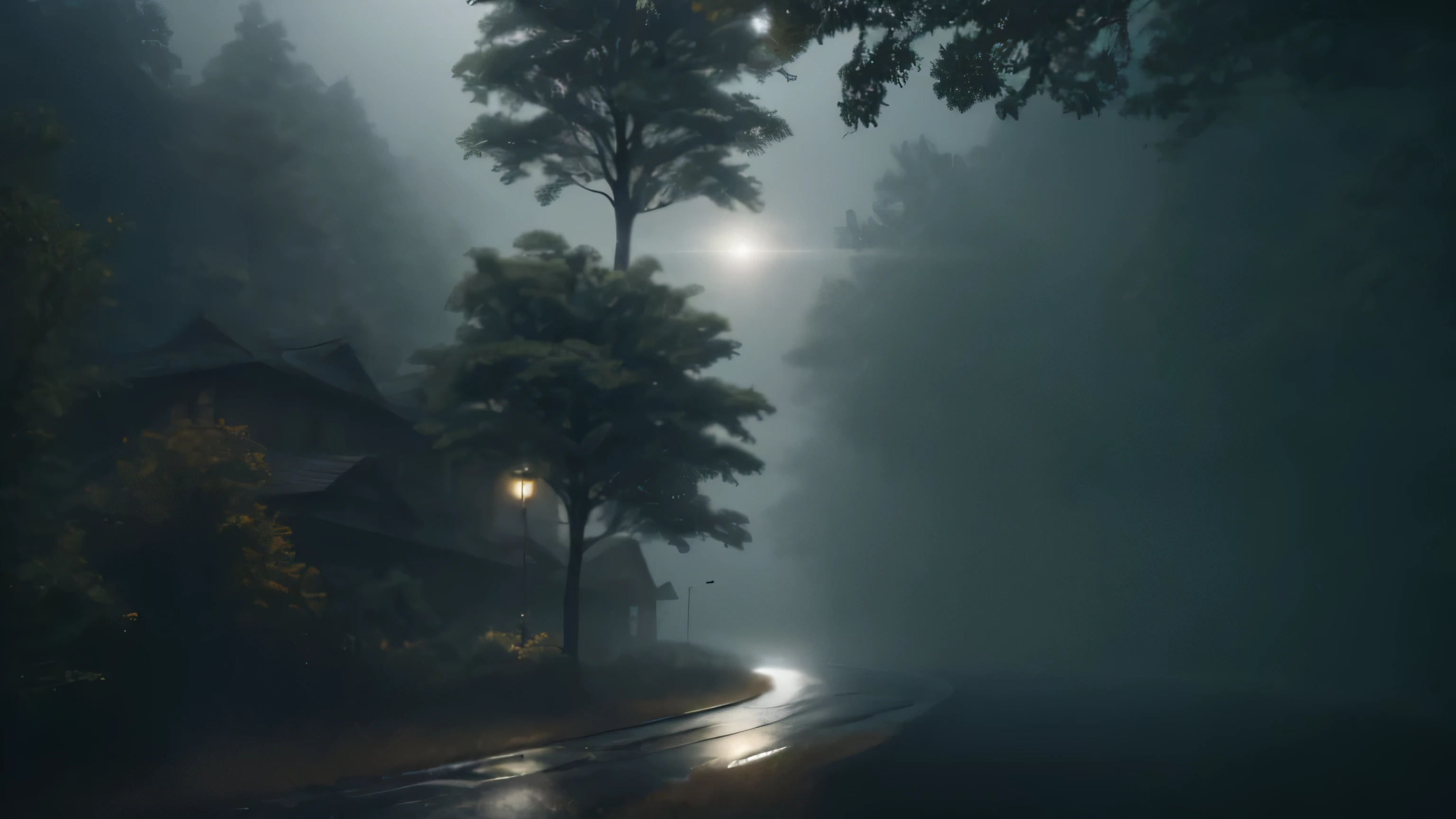(Masterpiece, Best Quality, ultra-detailed CG unity 8k wallpaper),(there is a big, Gloomy, Foggy Scene, Dark lighting, better shadow, better lighting),there is a small wooden house with a table and chairs in the rain, rainy day outside, magical environment, quiet and serene atmosphere, in a rainy environment, rainy outside, rainy afternoon, inside on a rainy day, rainy scene, by Raymond Han, rainy atmosphere, rainy environment, rainy mood, rainy and gloomy atmosphere, rainy evening, atmospheric fantasy