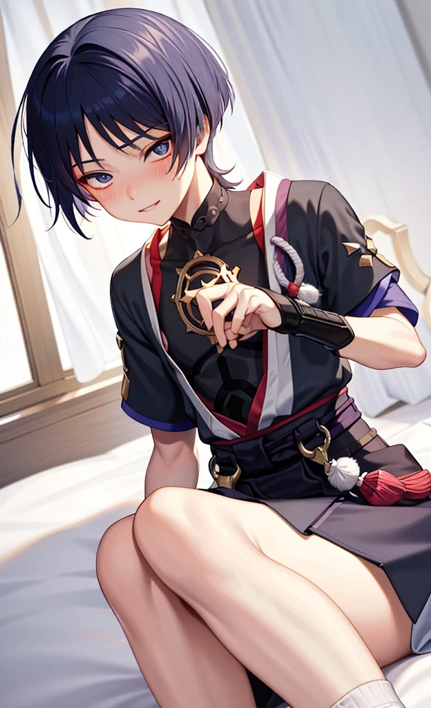 Genshin Wanderer,Wearing cute and sexy pajamas,Blushing and lying on the bed shyly,Lift up his clothes with his hands to reveal his upper body,The legs are all very white in the photo,in bedroom,The bed is white,Close the curtains at night