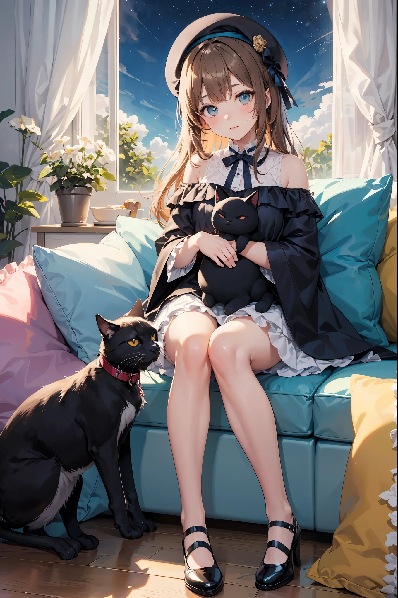 It is painted in a cartoon style with soft pastel tones. In the center, a young female character wears a large decorative beret and sits on a cozy-looking cushion. The character wears clothing decorated with frills, lace, and ribbons, and her outfit is detailed. The character also wears a (shoulder cape:1.1). The shoes are also decorative, drawing attention to the character's feet.
A small stuffed black cat is placed beside the character, depicting an intimate scene in which he seems to be interacting with her. The background cushion is a gradation of blue, reminiscent of a starry sky, with star and planet designs interspersed throughout.
The illustrations are surrounded by detailed motifs of plants and flowers, giving the overall design a harmonious and calm atmosphere.
The illustration has a soft, peaceful, poetic feel to it, designed to provide comfort to the viewer.
(pastel color, watercolor, (bright color:1.3), light leaks, chromatic aberration, soft eyes, cute eyes, silky brown hair, head tilt, beret:1.2), (close up of girl:1.0),