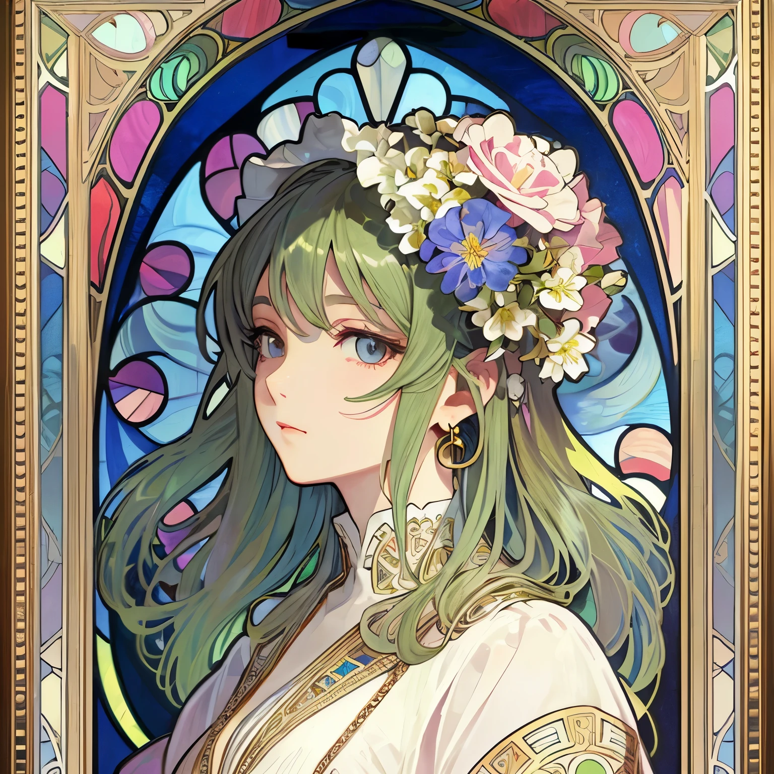 1 beautiful woman、(masterpiece、highest quality、highest quality、beautiful and aesthetic:1.2)、picture frame、earrings、flowers in full bloom、dynamic、Based on the concept of an elegant woman、shining eyes、colorful hair、Fluttering petals、Gradation、hyperdetailed intricately detailed, 素晴らNew, intricate details, complementary color, Realistic concept art, 8K resolution, 逸脱のmasterpiece、((Alphonse Mucha style))、fluttering hair、many flowers in the frame、god々New、carnation、stained glass frame