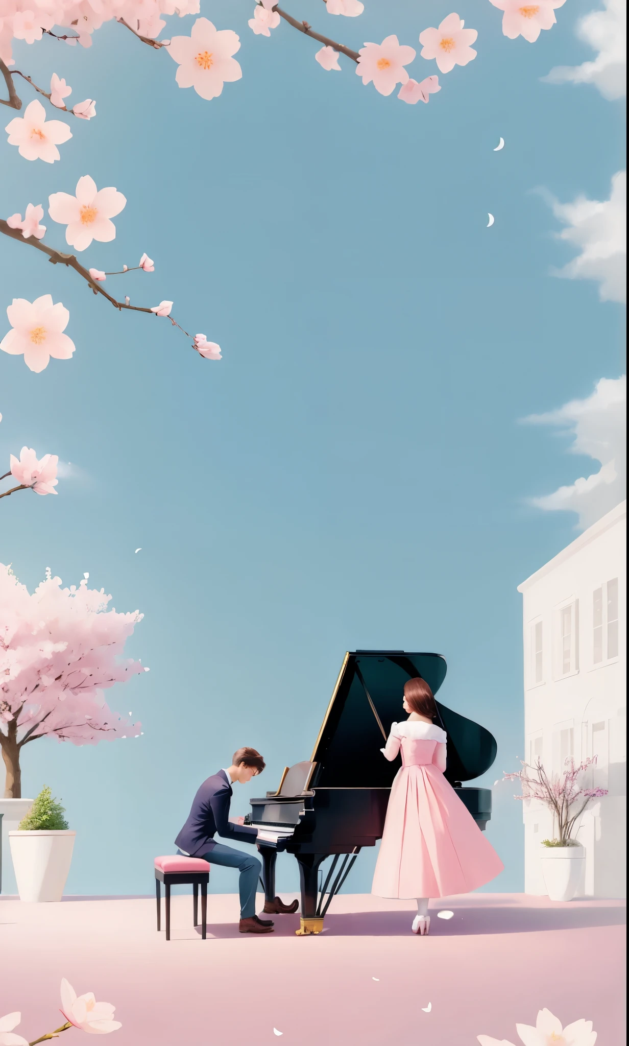 spring,couple,piano,illustration,love,Pink tones