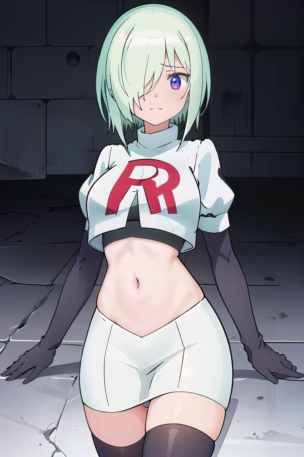 (extremely detailed CG unity 8k wallpaper), (masterpiece), (best quality), (ultra-detailed), (best illustration), (best shadow), (absurdres), druj, 1girl, green hair, hair over one eye, team rocket,team rocket uniform,white skirt,red letter R,crop top,black thigh-highs,black elbow gloves