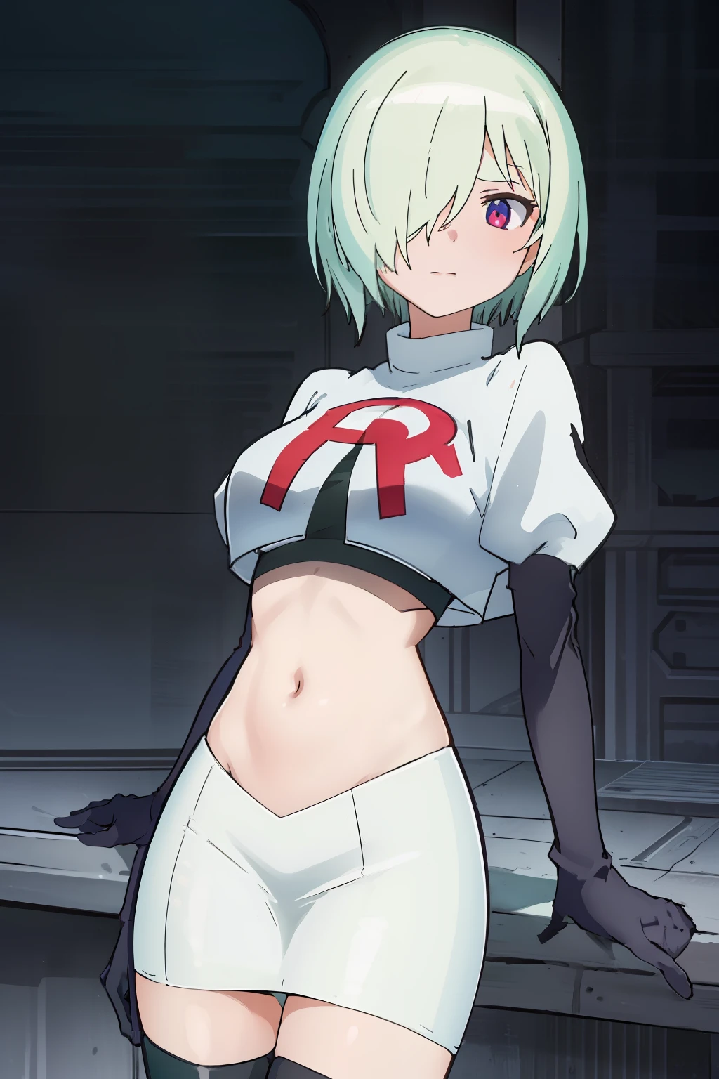 (extremely detailed CG unity 8k wallpaper), (masterpiece), (best quality), (ultra-detailed), (best illustration), (best shadow), (absurdres), druj, 1girl, green hair, hair over one eye, team rocket,team rocket uniform,white skirt,red letter R,crop top,black thigh-highs,black elbow gloves