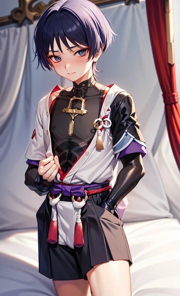 Genshin Wanderer，Wearing cute and sexy pajamas，Blushing and lying on the bed shyly，Lift up his clothes with his hands to reveal his upper body，The legs are all very white in the photo，in bedroom，The bed is white，Close the curtains at night