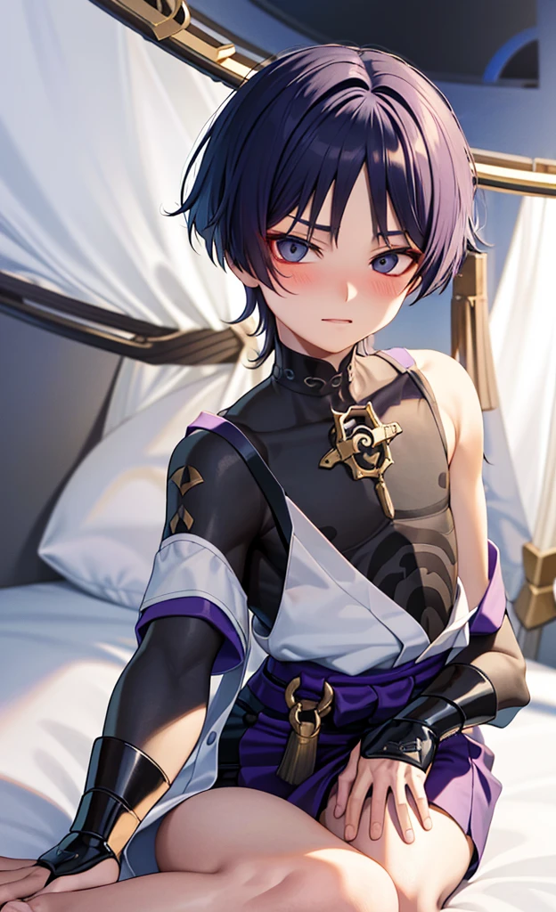 Genshin Wanderer,Wearing cute and sexy pajamas,Blushing and lying on the bed shyly,Lift up his clothes with his hands to reveal his upper body,The legs are all very white in the photo,in bedroom,The bed is white,Close the curtains at night