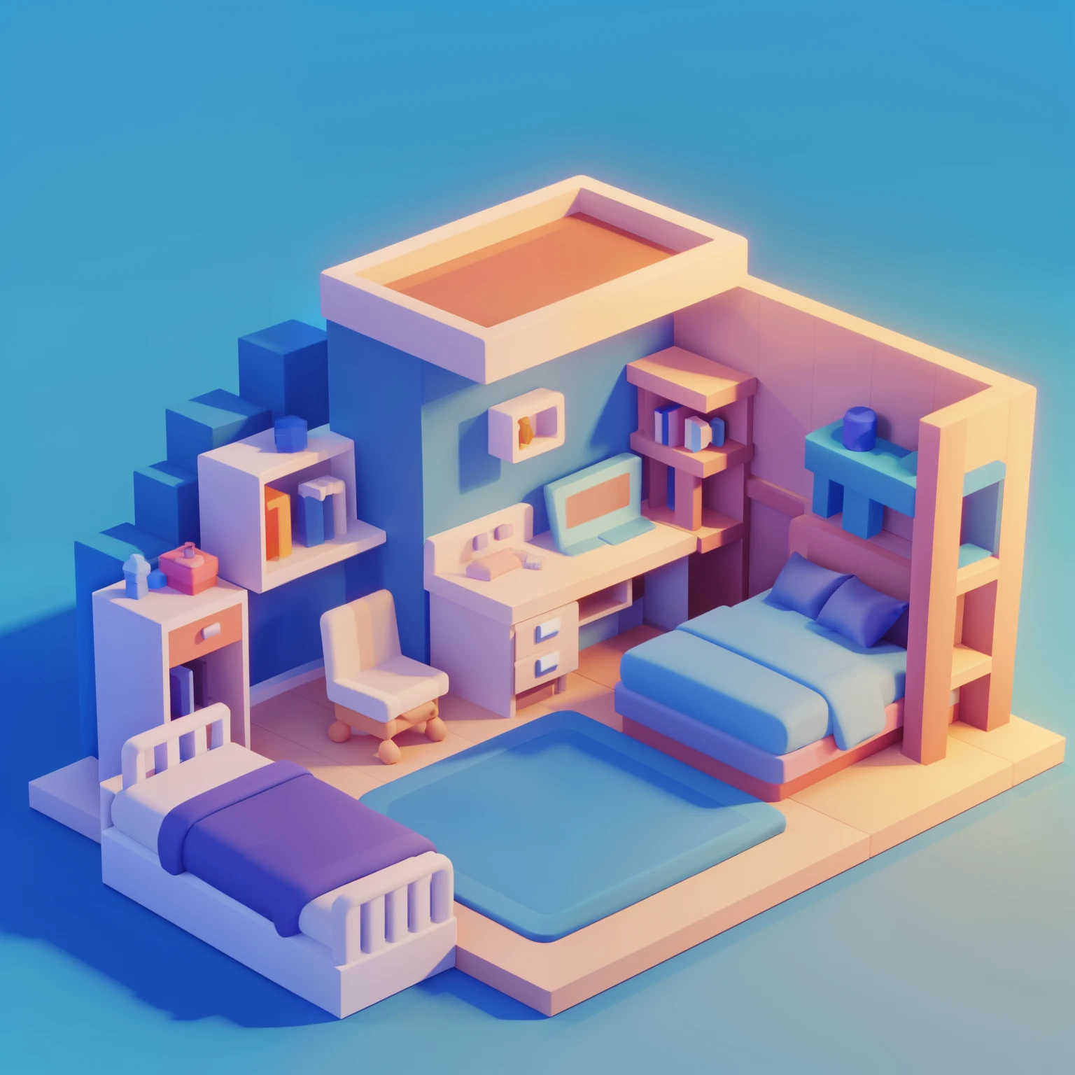 Microcosm，Isometric，There is a tiny bedroom with a bed and desk, childs room，picture frames，cute，blue tint，微观Isometric房子，blue tint，调cute的 3D 渲染, Stylized 3D rendering, 3d illustration,Transparent Background，Solid color background 3D illustration, 3D ios room photos, In a&#39;s bedroom, Realistic 3D style, 3d matte illustration, 3D rendering stylization, hyper detailed 3d render, hyper detailed 3d render