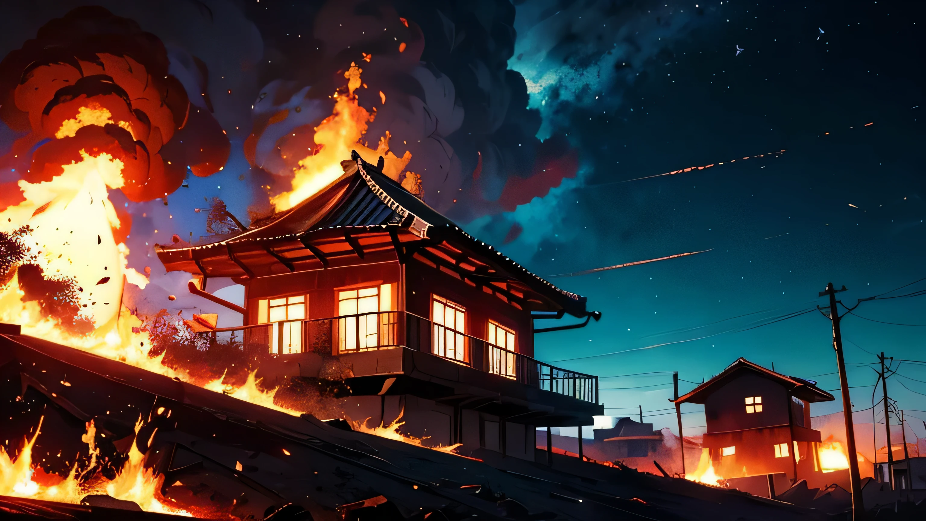 fundo de anime, casas destruidas, Destruction, tema vermelho, particulas de fogo, fundo escuro