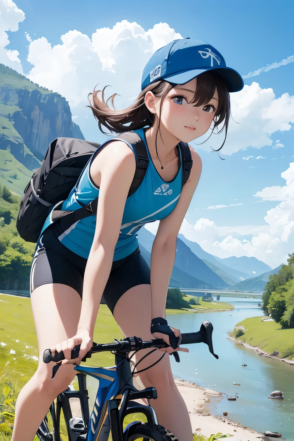 (highest quality、High resolution、8K、masterpiece:1.2)。Under a clear blue sky、A beautiful girl wearing a cap rides a mountain bike on the bank next to a beautiful river.。He shows off his nimble running style with the fashion of an outdoor enthusiast.。