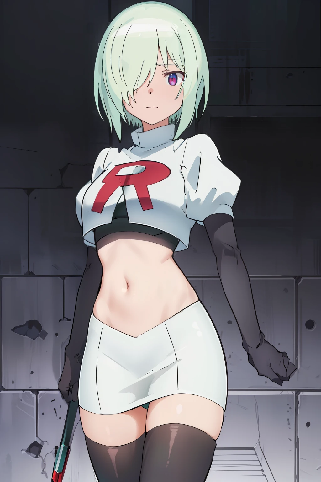 (extremely detailed CG unity 8k wallpaper), (masterpiece), (best quality), (ultra-detailed), (best illustration), (best shadow), (absurdres), druj, 1girl, green hair, hair over one eye, team rocket,team rocket uniform,white skirt,red letter R,crop top,black thigh-highs,black elbow gloves