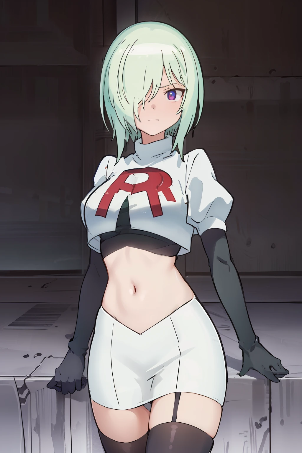 (extremely detailed CG unity 8k wallpaper), (masterpiece), (best quality), (ultra-detailed), (best illustration), (best shadow), (absurdres), druj, 1girl, green hair, hair over one eye, team rocket,team rocket uniform,white skirt,red letter R,crop top,black thigh-highs,black elbow gloves