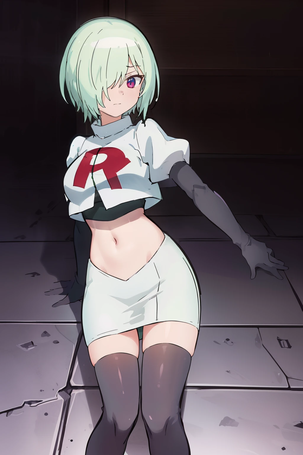 (extremely detailed CG unity 8k wallpaper), (masterpiece), (best quality), (ultra-detailed), (best illustration), (best shadow), (absurdres), druj, 1girl, green hair, hair over one eye, team rocket,team rocket uniform,white skirt,red letter R,crop top,black thigh-highs,black elbow gloves