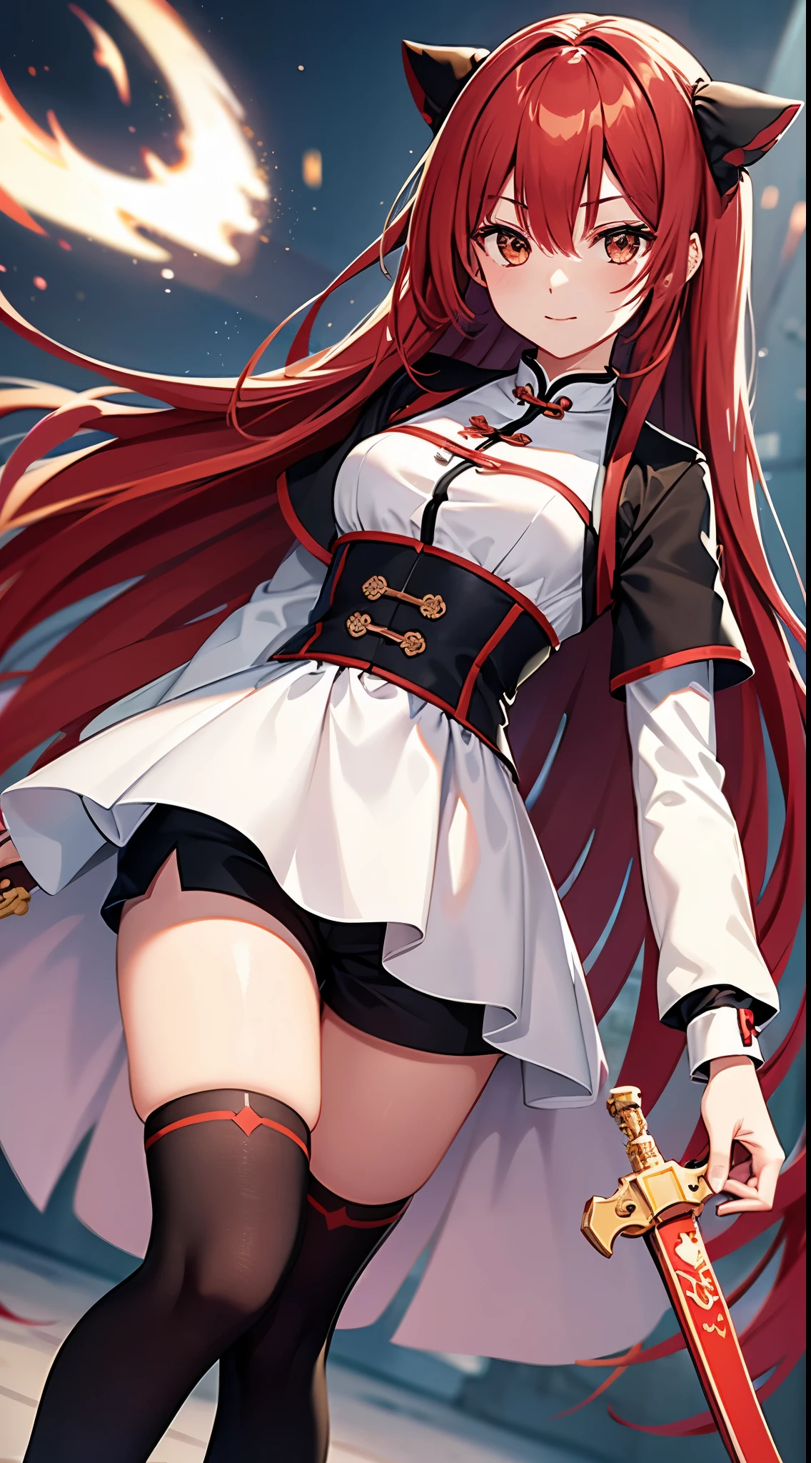 Young girl, long red hair, yellow eyes, white and red Chinese dress, tight dress, tight sleeves, tights, shorts, Chinese sword, masterpiece, high quality