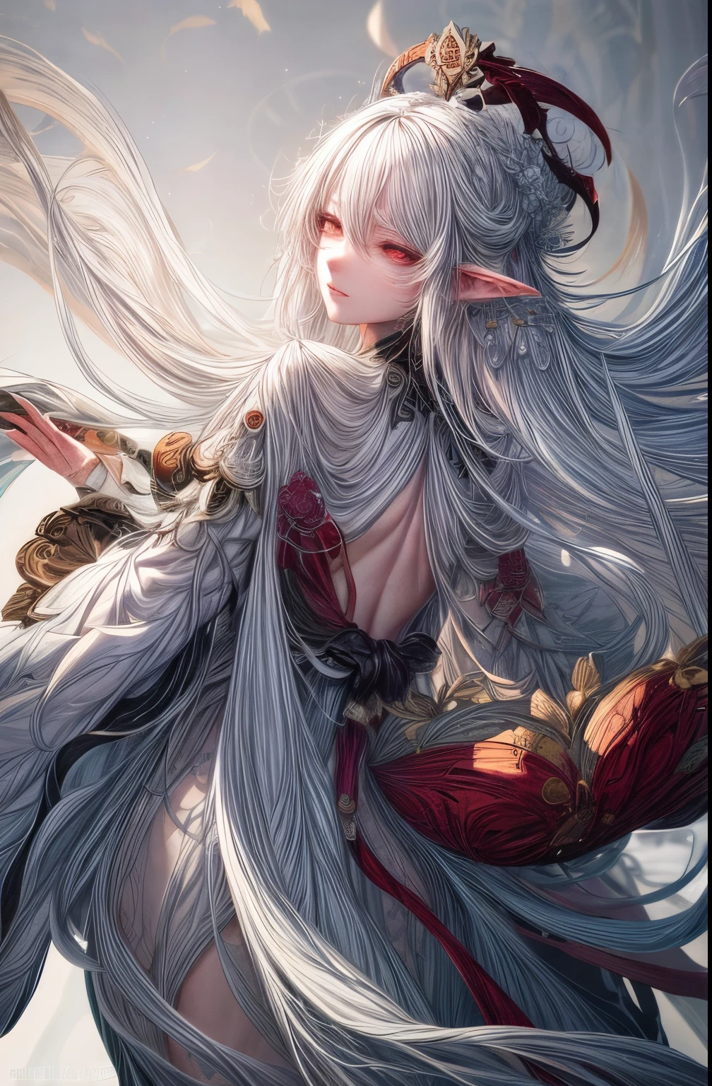 A captivating close-up of a White hair deity, with long, radiant white hair cascading down his back, showcasing the intricate Guweiz style artwork traditions. This White-haired character, reminiscent of an Elf, boasts a stunning and elegant figure painting created by the renowned author Yang Jie. The ethereal beauty of this White-haired Anime character can be admired on Pixiv Artstation, embodying the ess,(白净的)ence of Guweiz art.披头散发