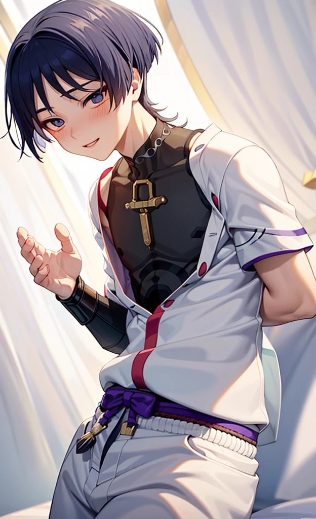 Genshin Wanderer，Wearing cute and sexy pajamas，Blushing and lying on the bed shyly，Lift up his clothes with his hands to reveal his upper body，The legs are all very white in the photo，in bedroom，The bed is white，Close the curtains at night