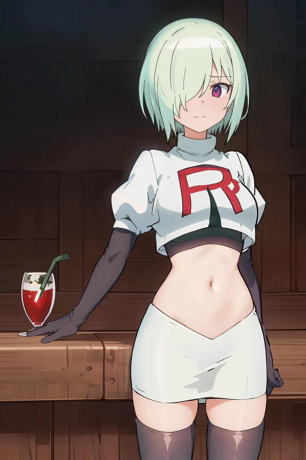 (extremely detailed CG unity 8k wallpaper), (masterpiece), (best quality), (ultra-detailed), (best illustration), (best shadow), (absurdres), druj, 1girl, green hair, hair over one eye, team rocket,team rocket uniform,white skirt,red letter R,crop top,black thigh-highs,black elbow gloves