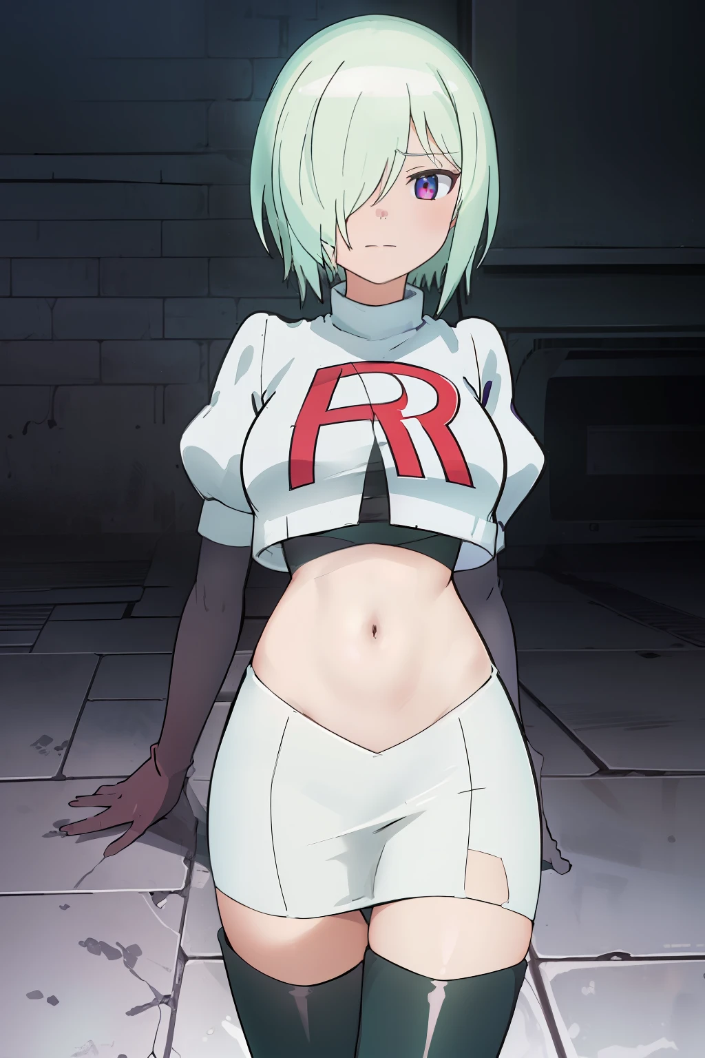 (extremely detailed CG unity 8k wallpaper), (masterpiece), (best quality), (ultra-detailed), (best illustration), (best shadow), (absurdres), druj, 1girl, green hair, hair over one eye, team rocket,team rocket uniform,white skirt,red letter R,crop top,black thigh-highs,black elbow gloves