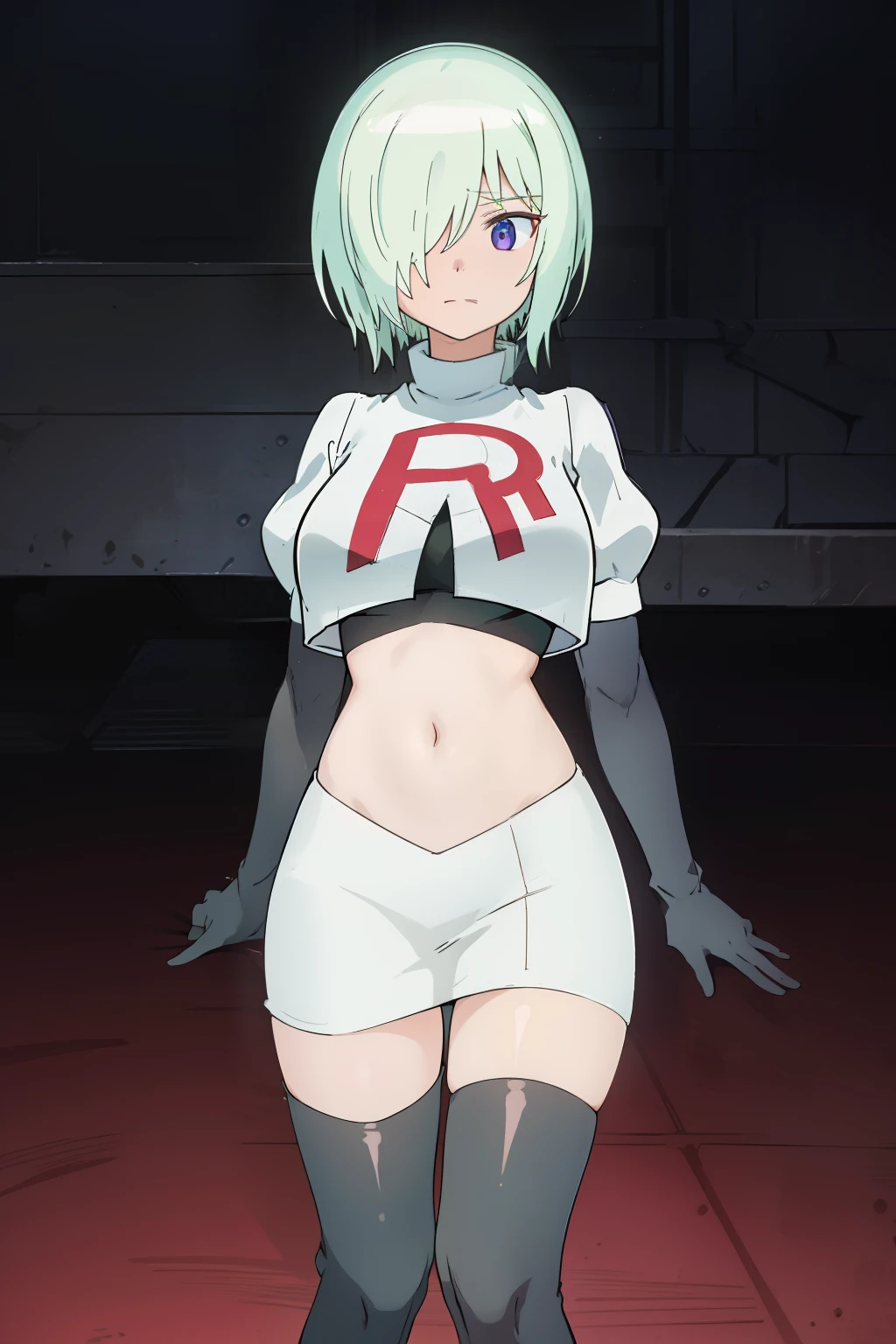 (extremely detailed CG unity 8k wallpaper), (masterpiece), (best quality), (ultra-detailed), (best illustration), (best shadow), (absurdres), druj, 1girl, green hair, hair over one eye, team rocket,team rocket uniform,white skirt,red letter R,crop top,black thigh-highs,black elbow gloves