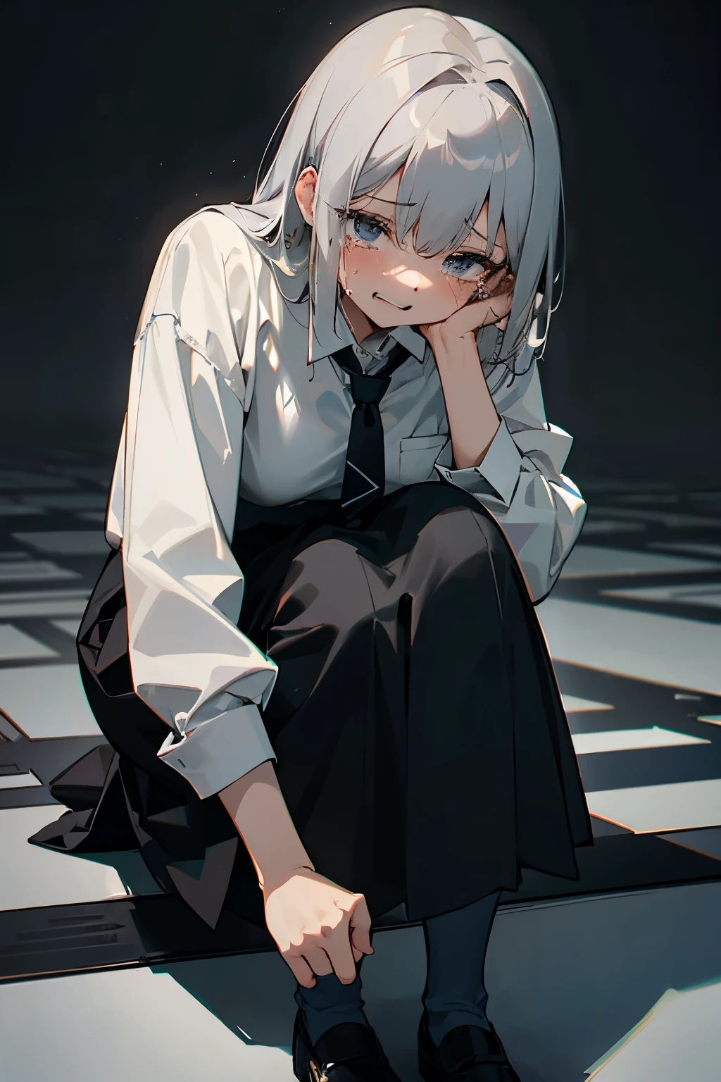 woman、gray hair、white shirt、tie、dark look、skirt、Are crying、laughing、crouching