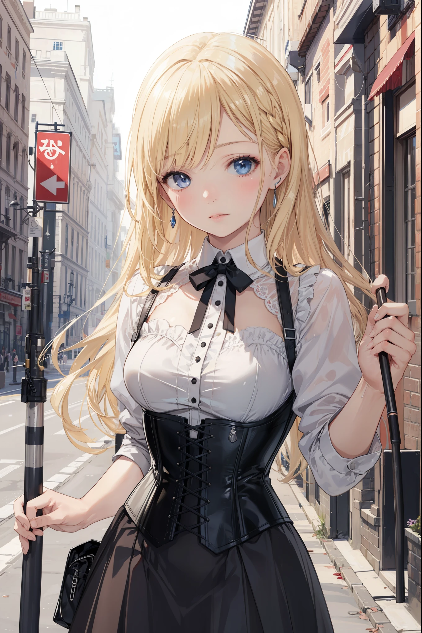 girl masterpiece、Super detailed, highest quality、photorealistic stick、 1 girl、female, corset top, micro skirt, long blonde hair,