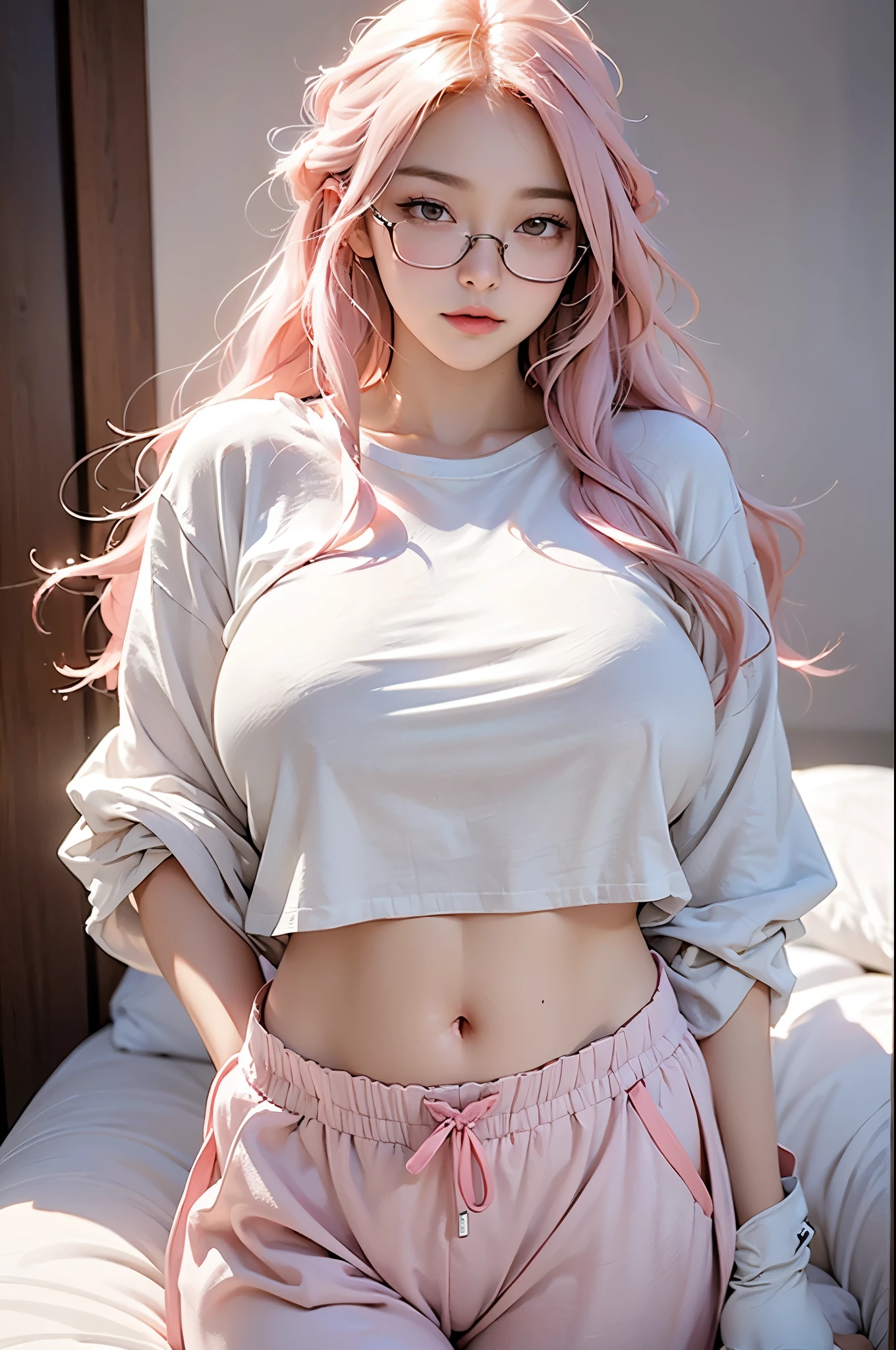 (masterpiece, best quality:1.2), cowboy shooting, alone, 1 girl, Glasses, Long fluffy pink hair, chubby, White T-shirt, Pink puffy sweatpants, cowboy shooting, faint smile, crop top, pajamas, Stomach, Navel exposed, big breasts，(huge breasts:1.2)