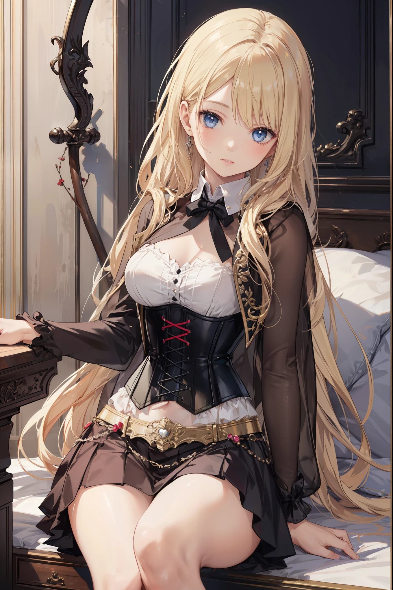girl masterpiece、Super detailed, highest quality、photorealistic stick、 1 girl、female, corset top, micro skirt, long blonde hair,