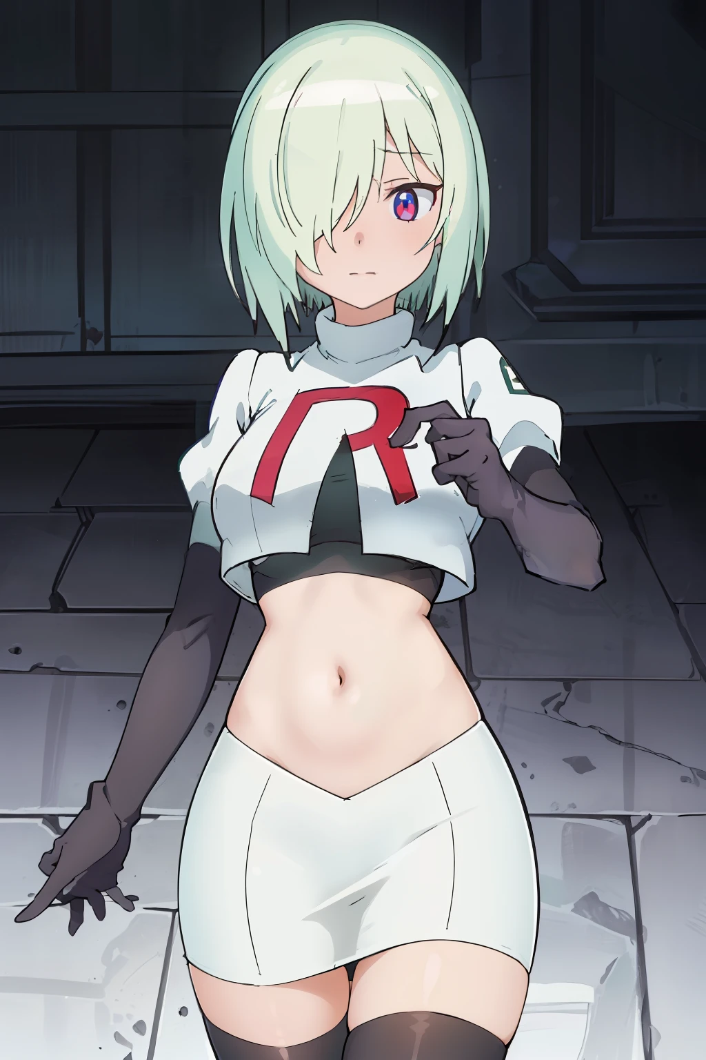 (extremely detailed CG unity 8k wallpaper), (masterpiece), (best quality), (ultra-detailed), (best illustration), (best shadow), (absurdres), druj, 1girl, green hair, hair over one eye, team rocket,team rocket uniform,white skirt,red letter R,crop top,black thigh-highs,black elbow gloves