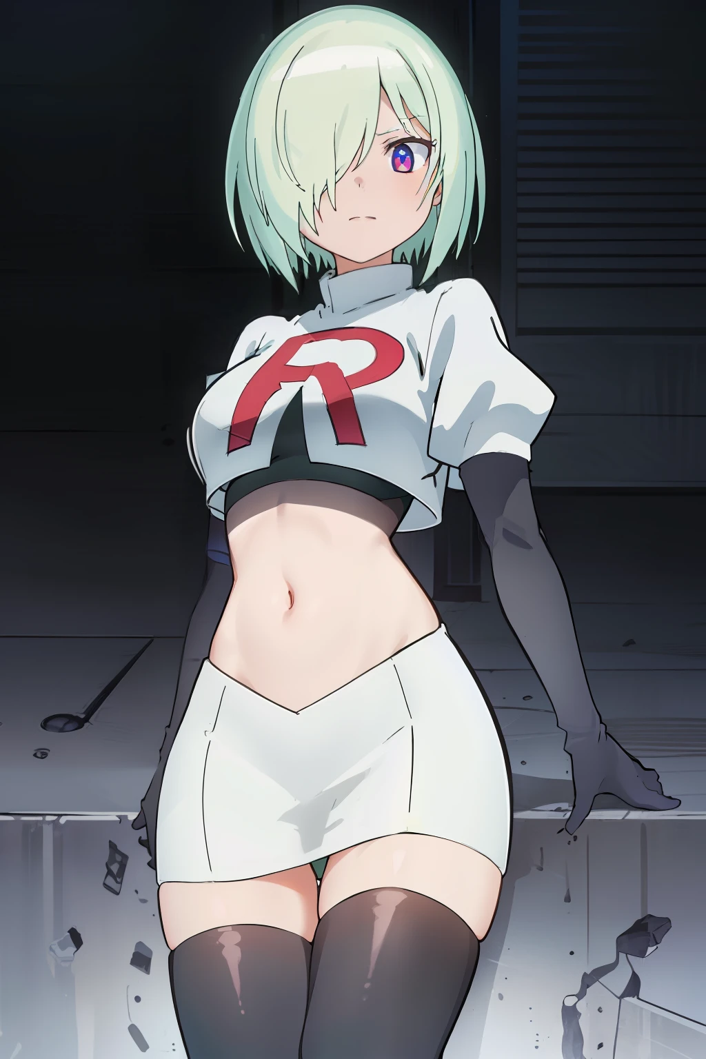 (extremely detailed CG unity 8k wallpaper), (masterpiece), (best quality), (ultra-detailed), (best illustration), (best shadow), (absurdres), druj, 1girl, green hair, hair over one eye, team rocket,team rocket uniform,white skirt,red letter R,crop top,black thigh-highs,black elbow gloves