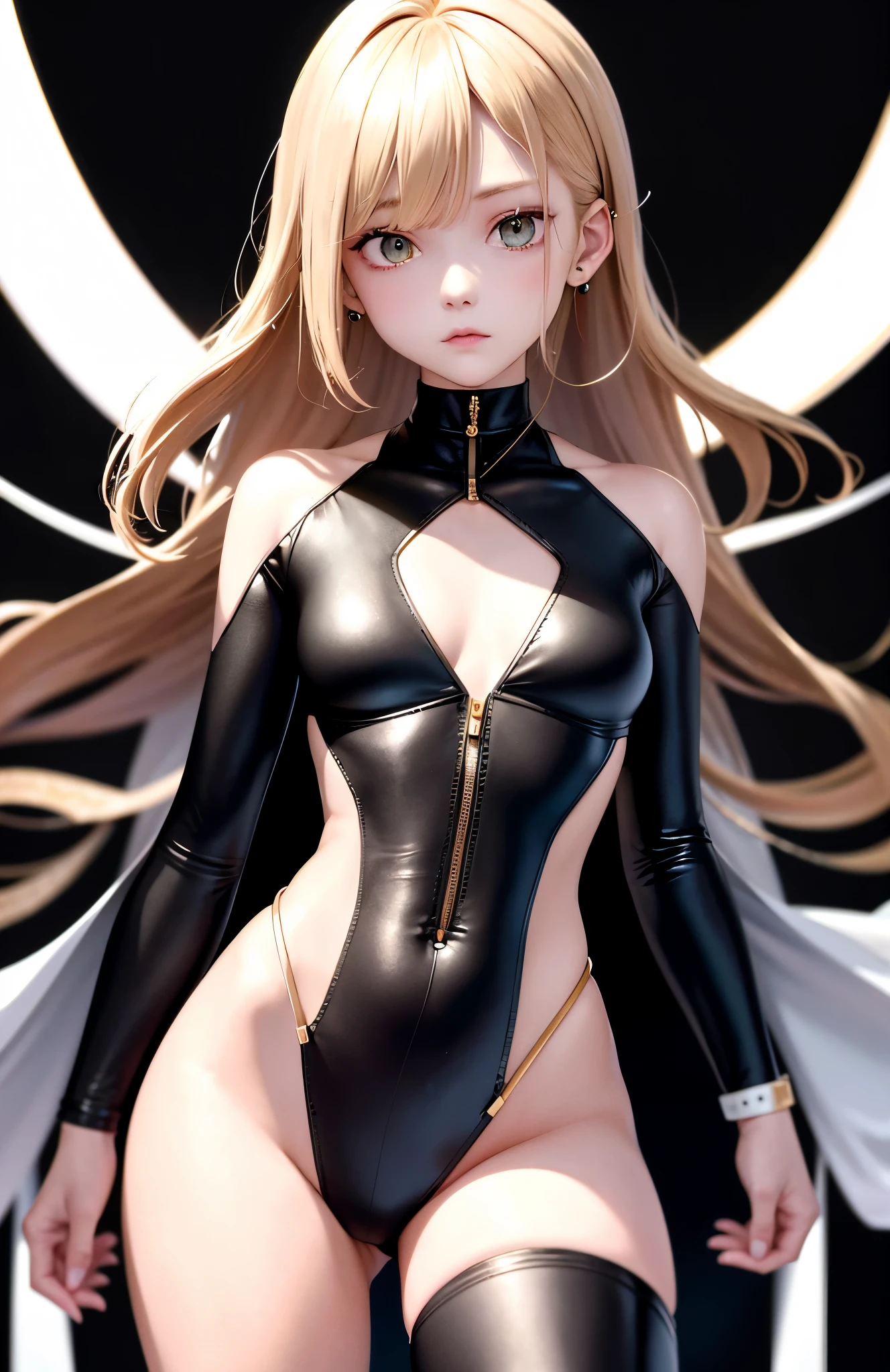 optimum,tmasterpiece,A high resolution,best qualtiy,hyper HD,super detailing,Award-Awarded,16k,独奏,((The upper part of the body)),((Bust)),anatomy correct,Beautiful cyberpunk girl,cute face,,Gradient Beige Hair,Hairline,((Dark golden eyes)),long eyelasher,Hanging eye corners,White skin of the,(small ),(Slim body),((Women's super short shawl leather jacket)),((racing_suit)),((High-Low_long skirt)),ear studs,(Neck strap),(Laser material clothing:1.2)