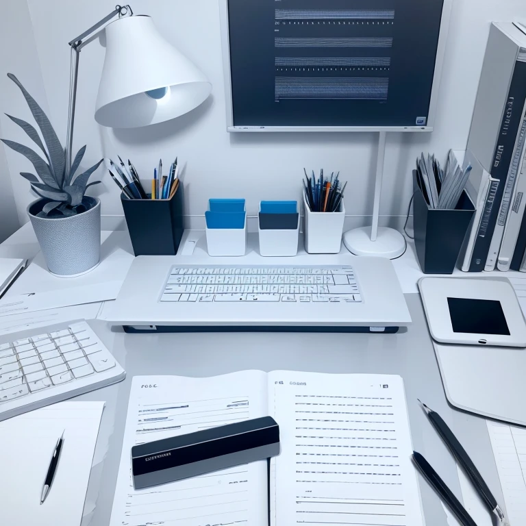 Monochrome modern minimalist desk setup in blue tones