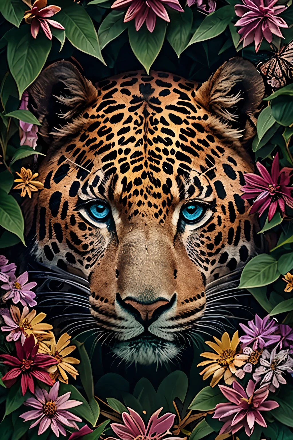 collage contemporary art, mexican jaguar head, with flowers and leaves, some brilliant insects, painted, ultra detailed, full color, vibrant colors, 8k, realistic