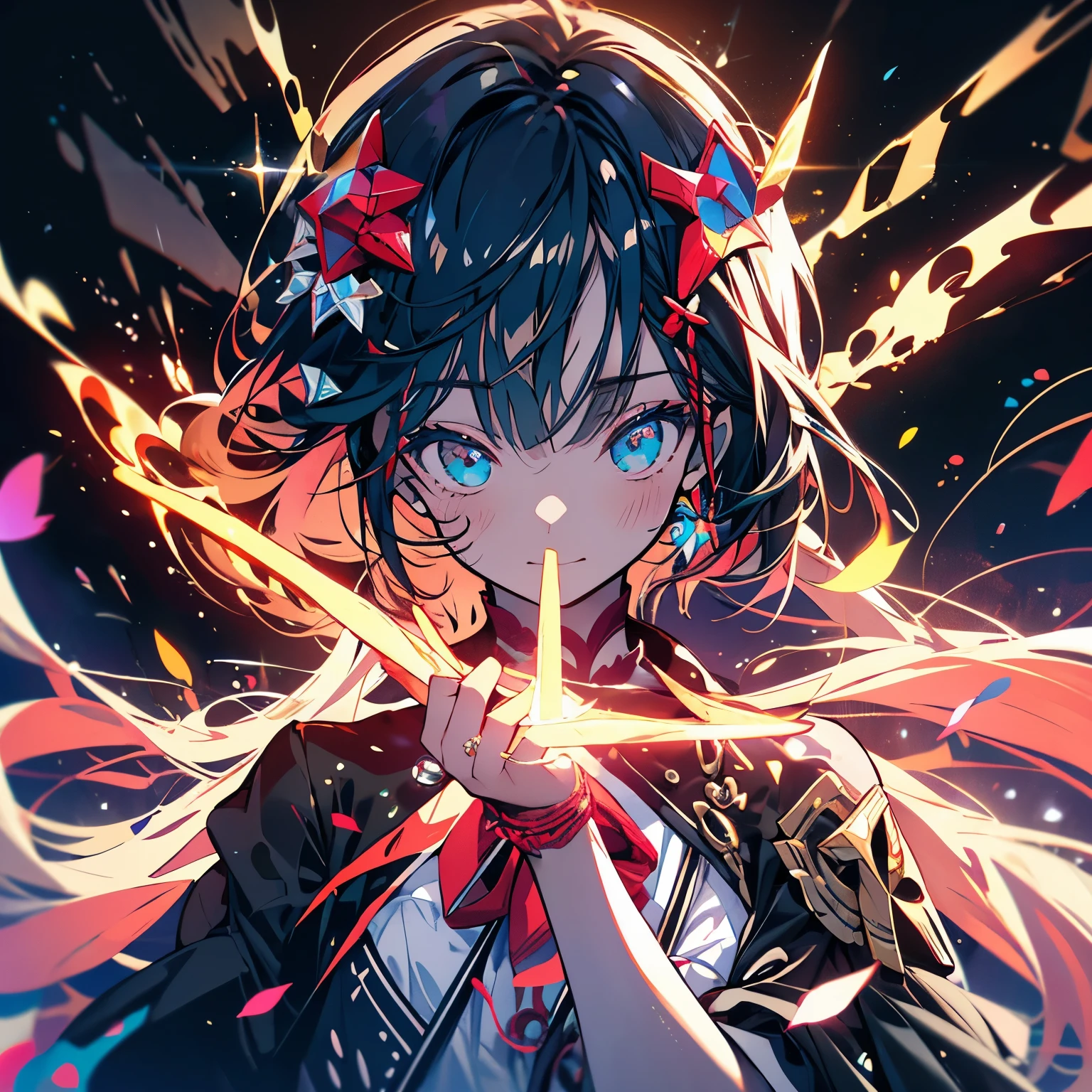 highest quality、masterpiece、girl、Worship at the shrine、Pray with Your Hands Together、close both eyes、Red and black hair、Letters of prayer for success
