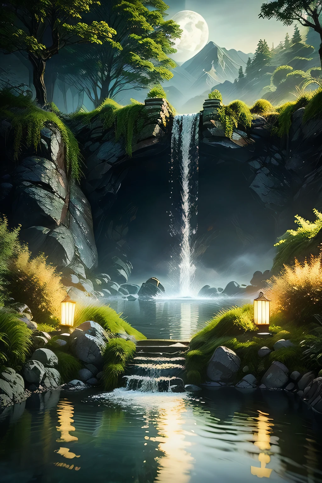 Ancient Chinese archwayitecture, moon, midnight, garden, bamboo, lake, stone bridge, rockery, archway, Corners, wood, water flowing, landscape, outdoor, waterfall, Grass, rock, water lily, hot spring, water vapor, (shape: 1.0), great composition, realistic lighting, HD details, masterpiece, highest quality, (High-definition CG Unity 8K) - 6 o'clock'clock, beautiful brunette woman 1、(high detail skin:1.2)、white skin、highly detailed face、beautiful eyes、toned body、cinematic lighting、 short hair, (look at the audience:1.5), (detailed pupil), (natural soft light), (Charm), Bokeh, beautiful face, super dense skin, Perfect glowing eyes, skin pores, soft hair, Stitching of the fabric, Fabric texture, portrait、Click here for the line of sight
