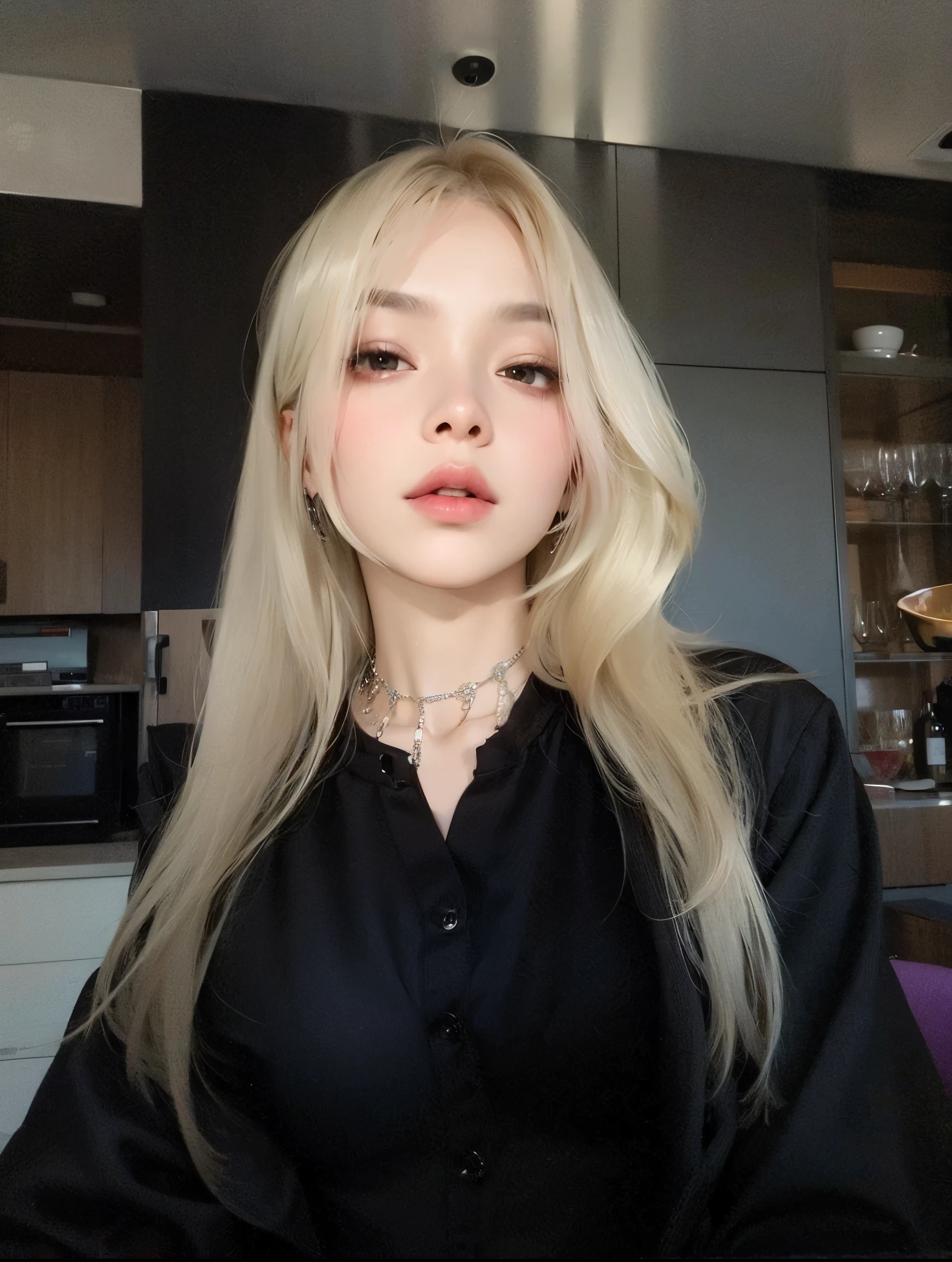 Mulher loira com piercings e uma camisa preta posando para uma foto, cabelo loiro extremamente claro, cabelo loiro muito claro, longos cabelos brancos e franja, cruel korean goth girl, Lalisa Manobal, com cabelos longos brancos, com longos cabelos brancos, Retrato de Jossi do Blackpink, Sun Yunjoo, com longos cabelos loiros, pale porcelain white skin