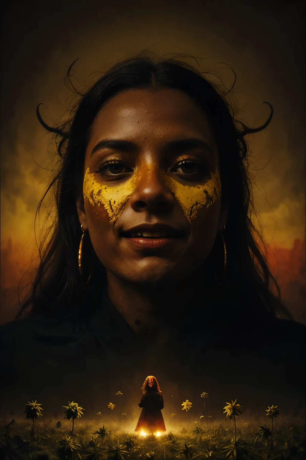 a large field of cannabis in hell, a black angel laughs maliciously looking at her. yellow and red colors in the style of Zdzislaw Beksinski. the velvety surface of the canvas, the atmosphere of mystery and light fog