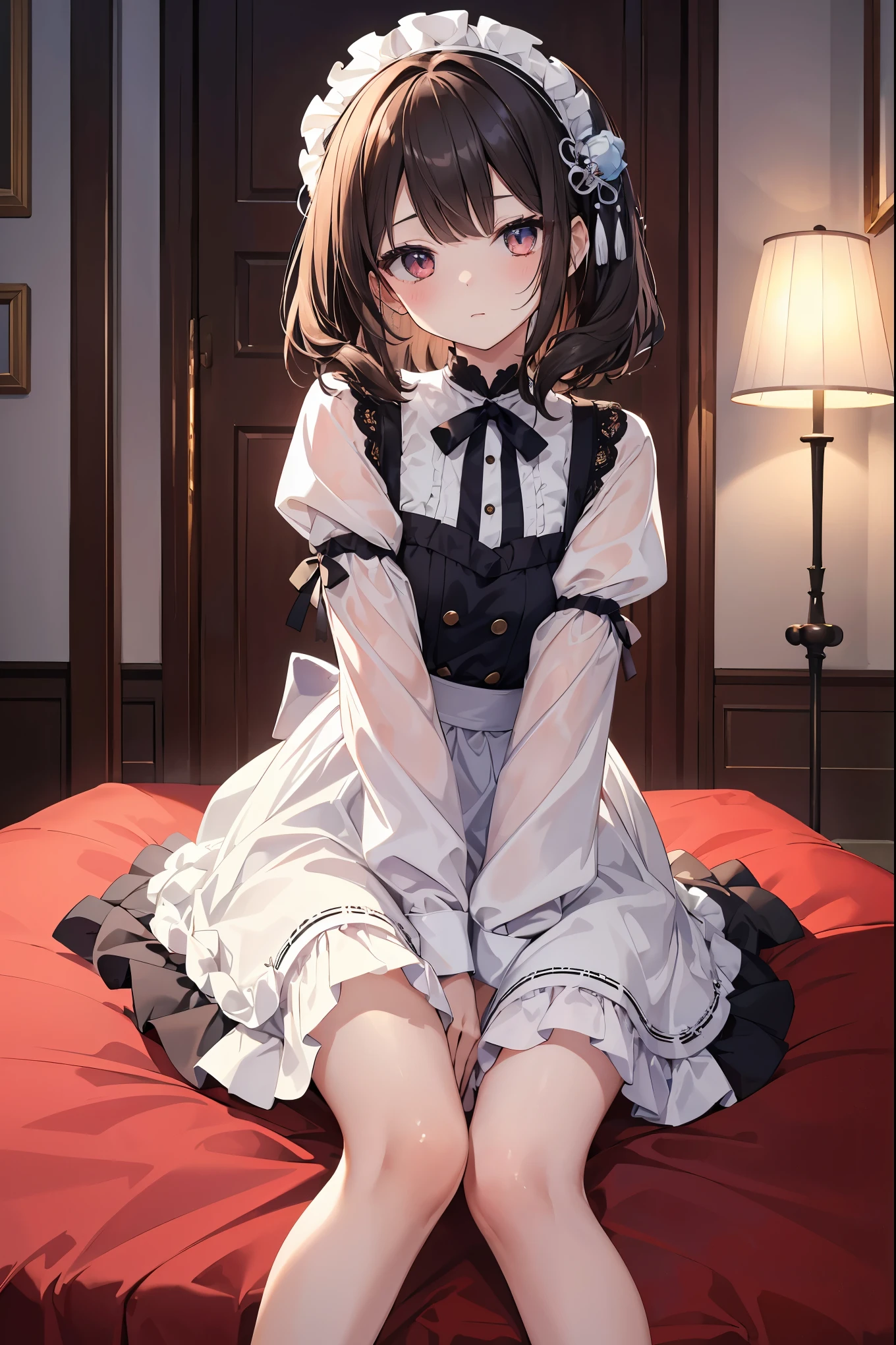 In a stylish room、(Girl's costume like a bisque doll:1.1)An adorable girl is sitting wearing。A charming ensemble、ruffled collar and cuffs、and his youth々Featuring delicate lace details that accentuate its innocent look.。her hair is perfectly styled、It is characterized by a clean center parting and soft waves that frame the face.。She exudes sophistication and poise、look forward as if lost in thought。The room around her is filled with ornate decorations.、Plush cushions and plush curtains add to the overall elegance。The atmosphere is one of sophistication and sophistication、Perfect for a girl's sophisticated look。Despite its small stature,、There's a quiet confidence in the air、It's like I'm aware of my own charm、It's like you know how to use it to your advantage.。(14 year old cute girl:1.2)、solo、(soloフォーカス:1.3)、Wariza、Close-up