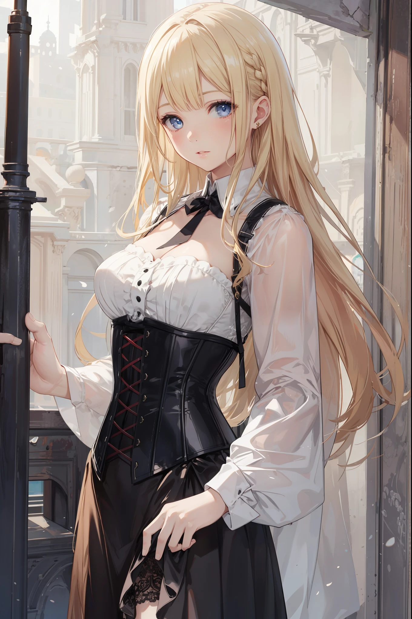 girl masterpiece、Super detailed, highest quality、photorealistic stick、 1 girl、female, corset top, micro skirt, long blonde hair,
