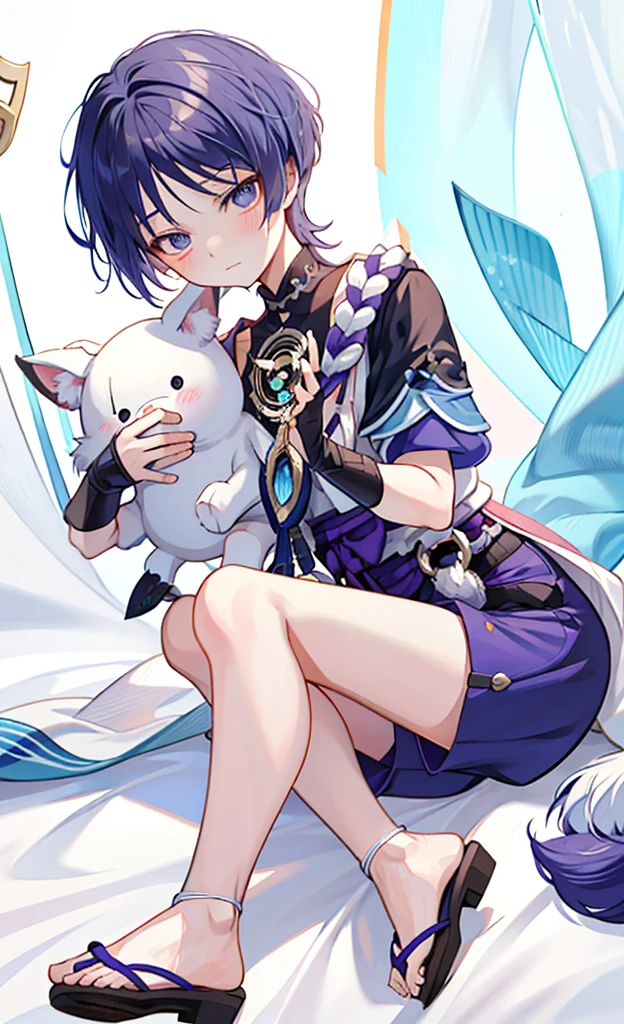 Genshin Wanderer,sitting on a white bed,Wearing cute animal pajamas,Holding a big animal stuffed animal,blush shy,legs together,Pants protrude between legs