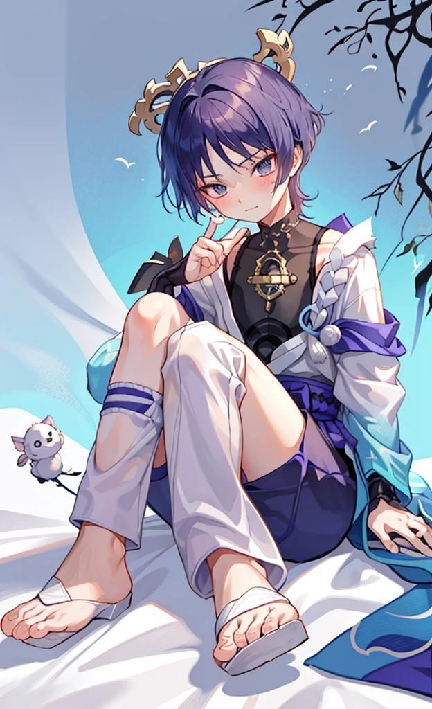 Genshin Wanderer,sitting on a white bed,Wearing cute animal pajamas,Holding a big animal stuffed animal,blush shy,legs together,Pants protrude between legs