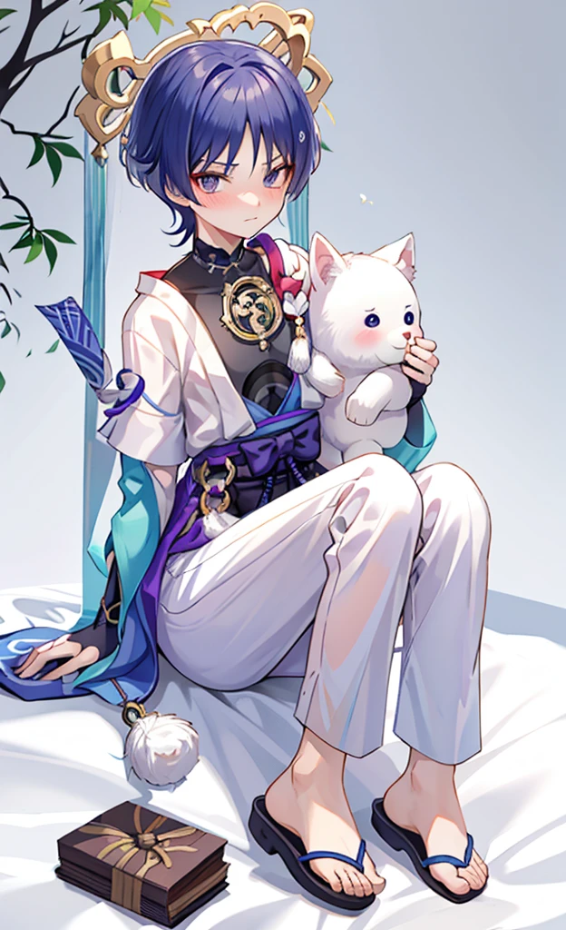Genshin Wanderer,sitting on a white bed,Wearing cute animal pajamas,Holding a big animal stuffed animal,blush shy,legs together,Pants protrude between legs