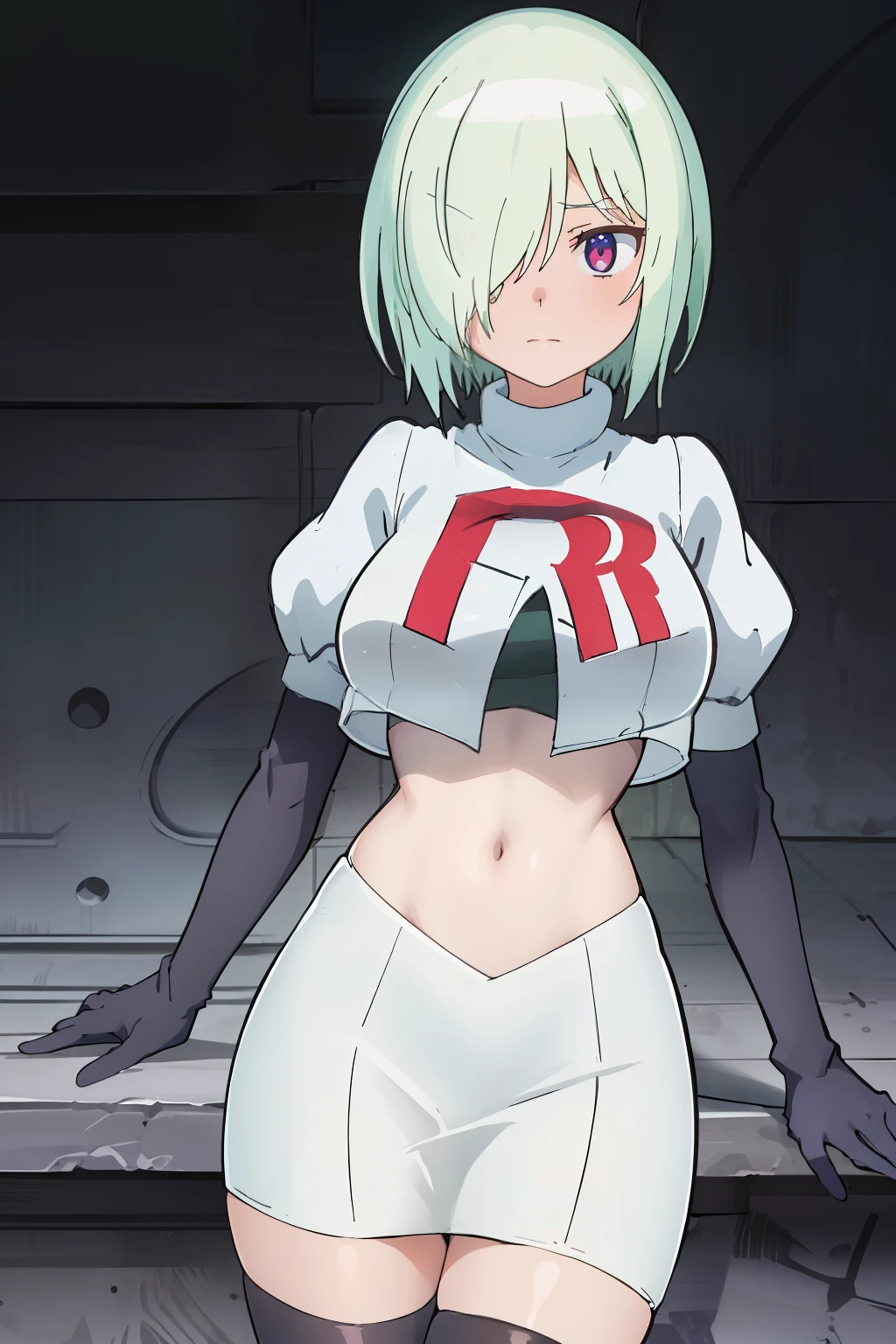 (extremely detailed CG unity 8k wallpaper), (masterpiece), (best quality), (ultra-detailed), (best illustration), (best shadow), (absurdres), druj, 1girl, green hair, hair over one eye, team rocket,team rocket uniform,white skirt,red letter R,crop top,black thigh-highs,black elbow gloves