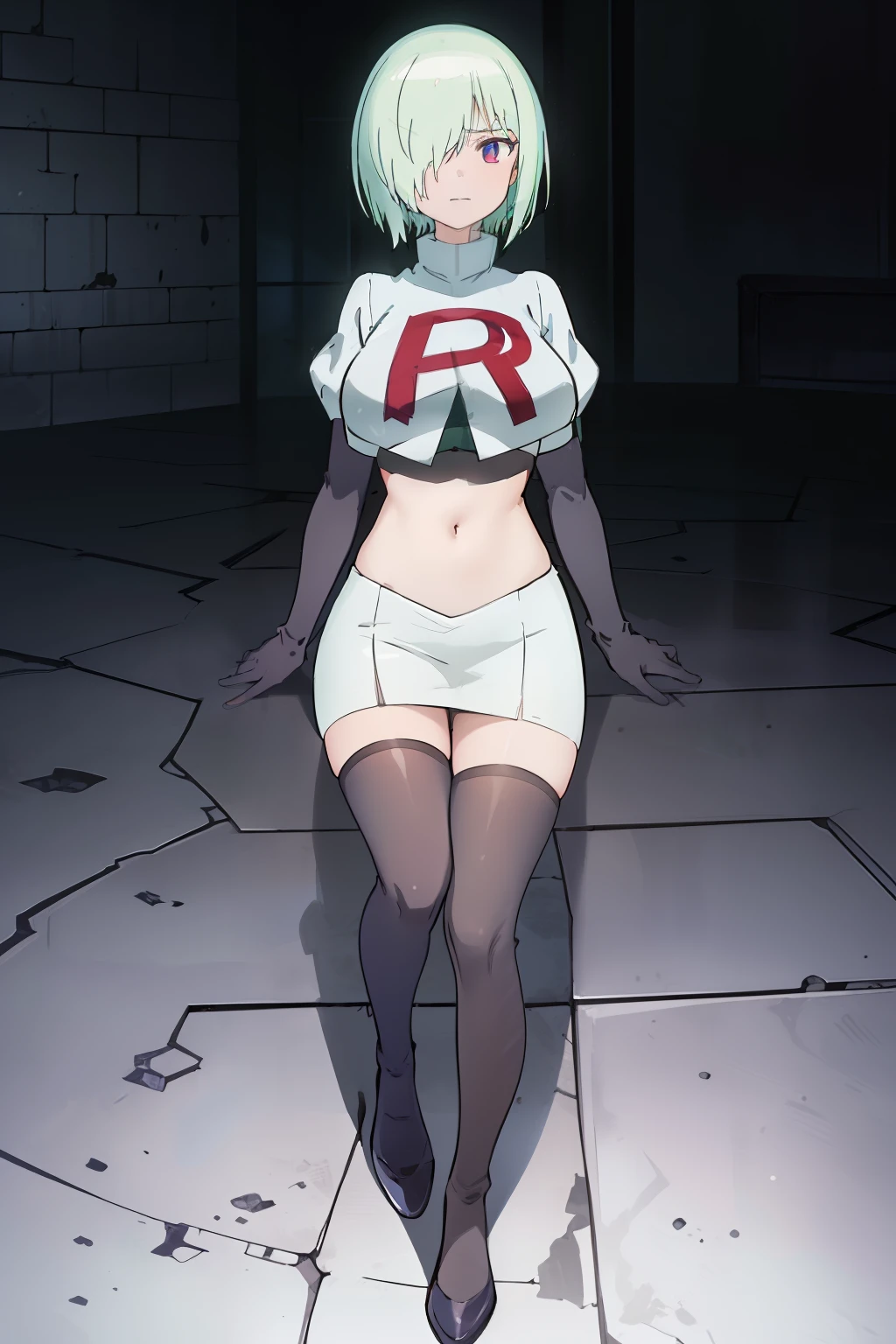 (extremely detailed CG unity 8k wallpaper), (masterpiece), (best quality), (ultra-detailed), (best illustration), (best shadow), (absurdres), druj, 1girl, green hair, hair over one eye, team rocket,team rocket uniform,white skirt,red letter R,crop top,black thigh-highs,black elbow gloves