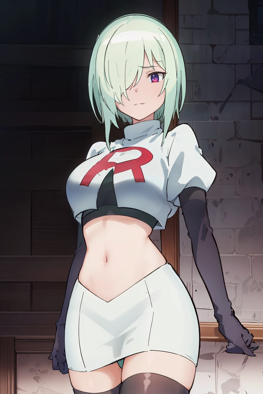 (extremely detailed CG unity 8k wallpaper), (masterpiece), (best quality), (ultra-detailed), (best illustration), (best shadow), (absurdres), druj, 1girl, green hair, hair over one eye, team rocket,team rocket uniform,white skirt,red letter R,crop top,black thigh-highs,black elbow gloves